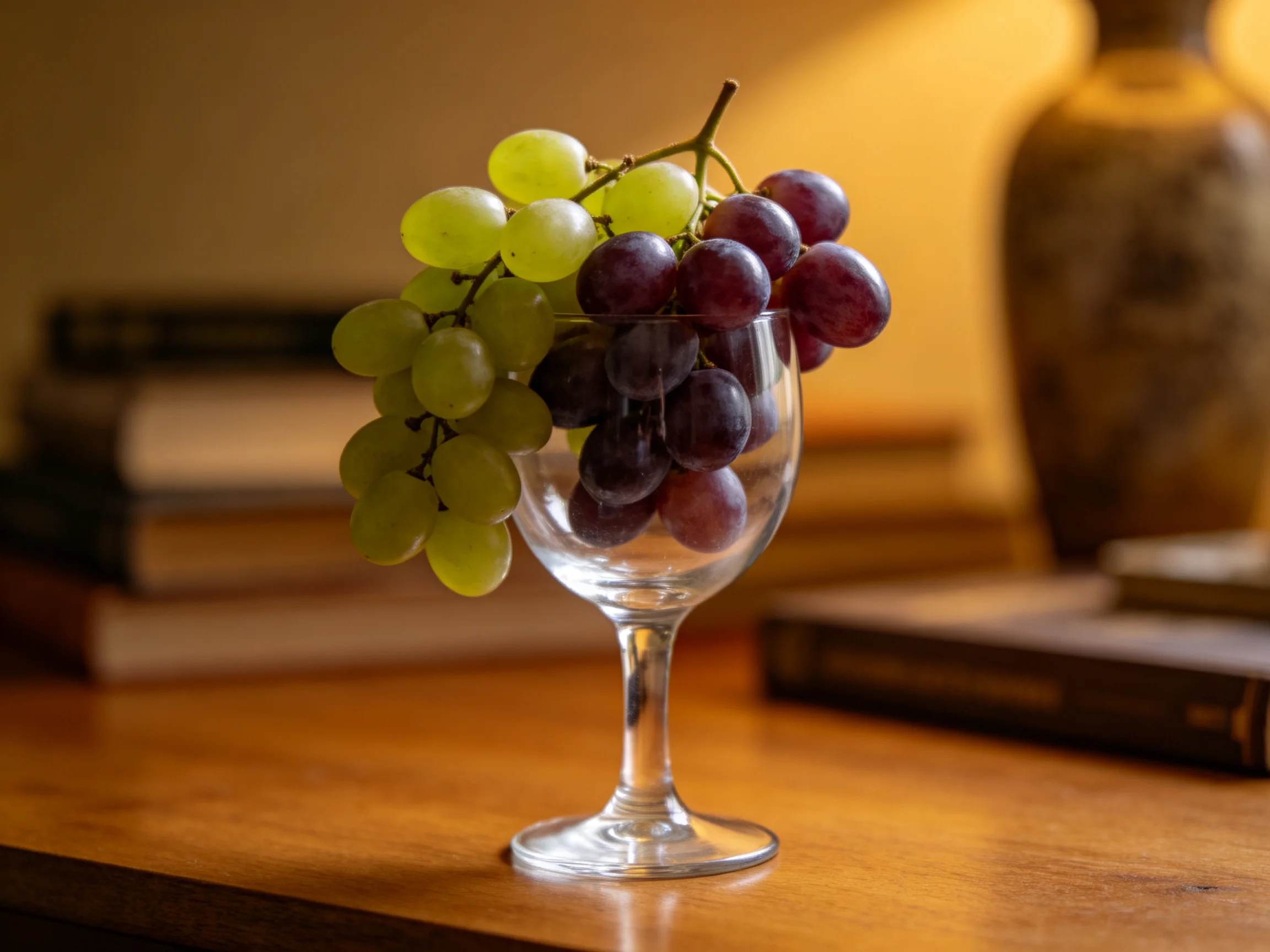 A wine glass holds two bunches of green and purple grapes on a wooden table