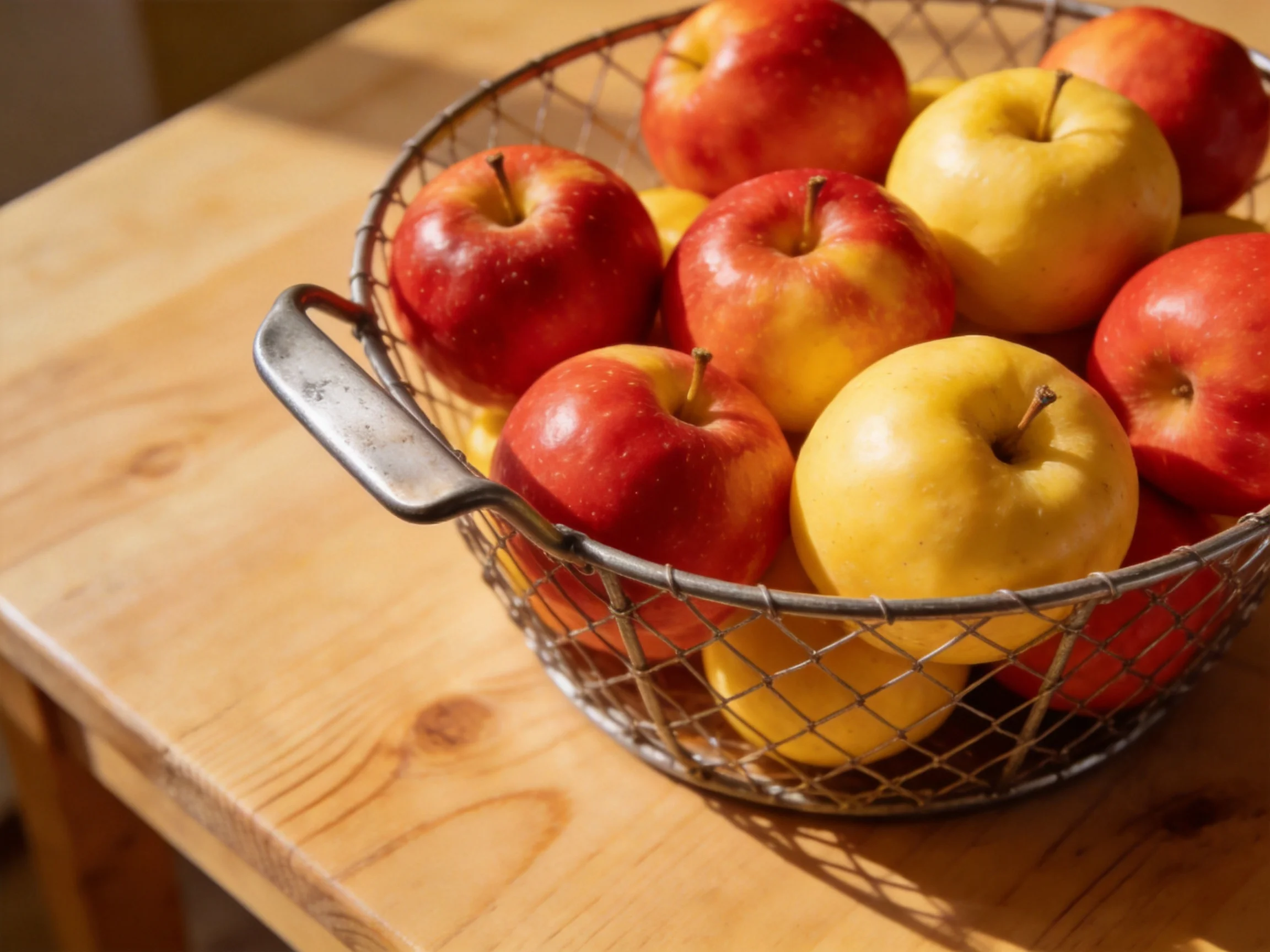 A wire basket filled with red and yellow apples on a wooden table