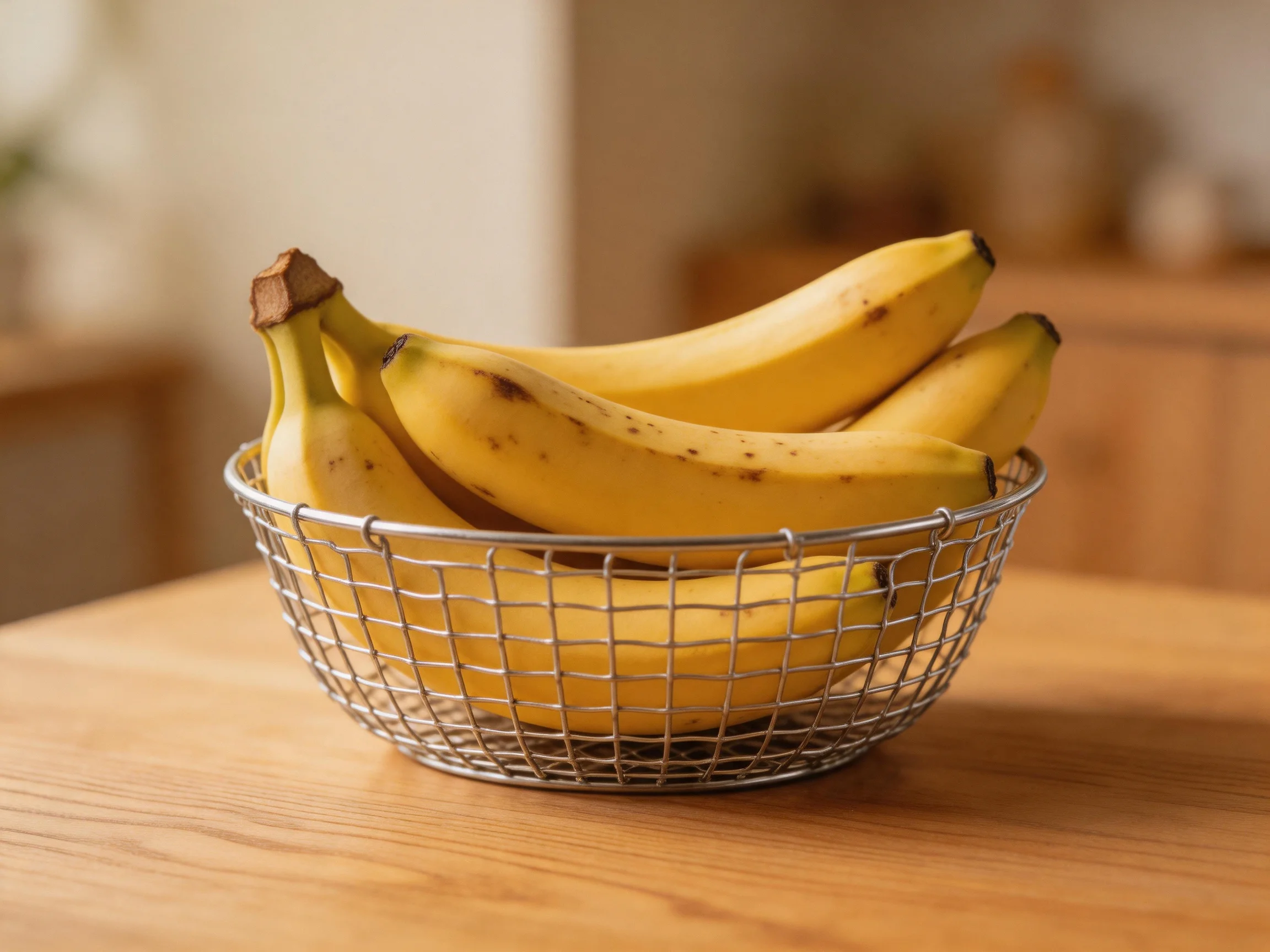 A wire basket holds several ripe yellow bananas on a wooden table
