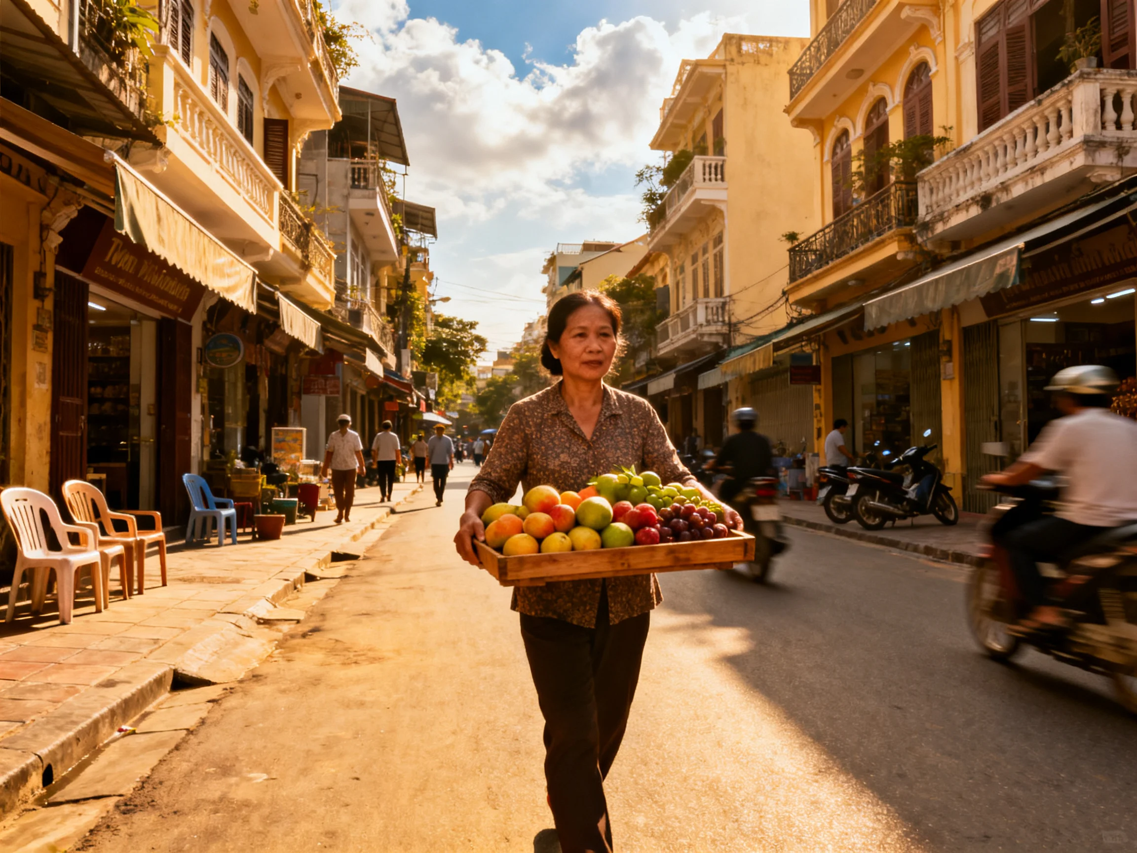 A woman carries colorful fruits down a sunlit historic street