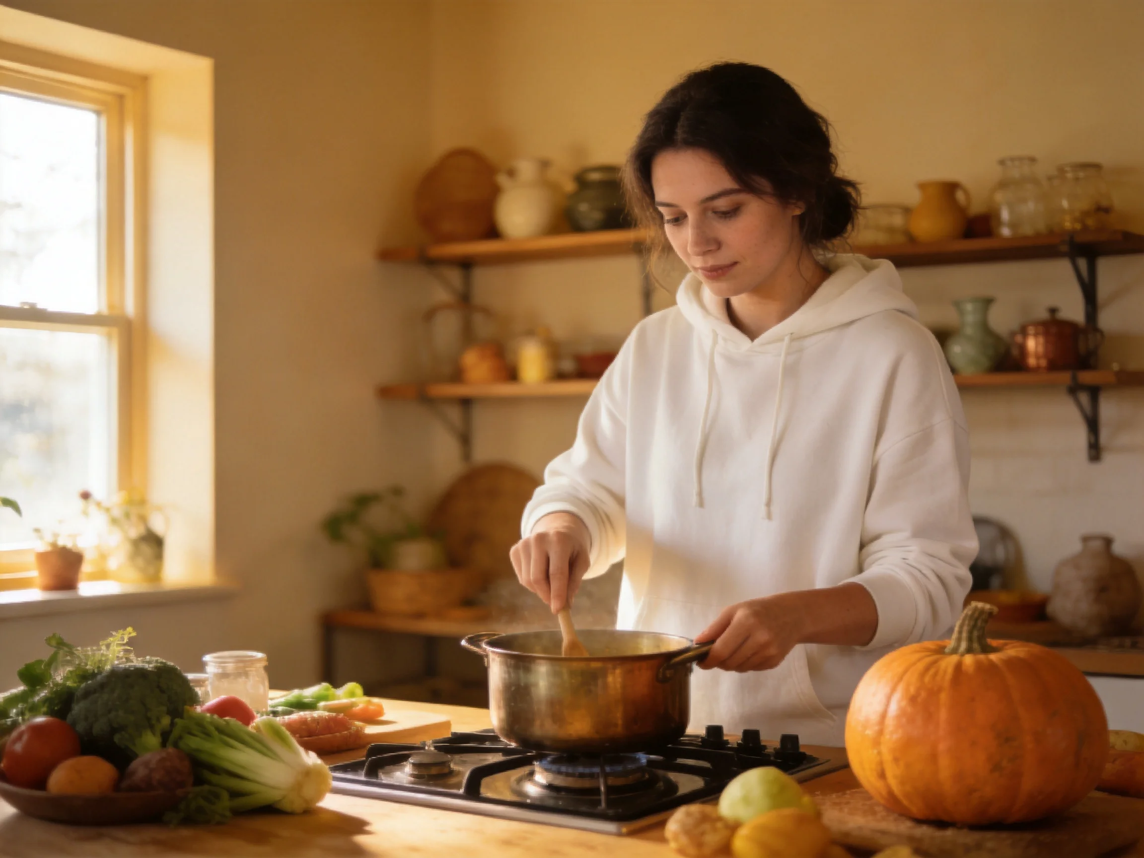 A woman cooks with fresh veggies including a large orange pumpkin