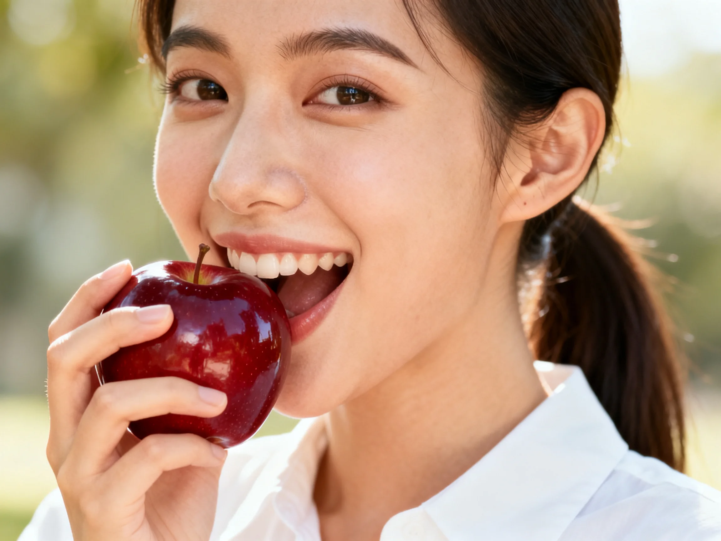 A woman enjoys a glossy red apple outdoors under bright sunlight