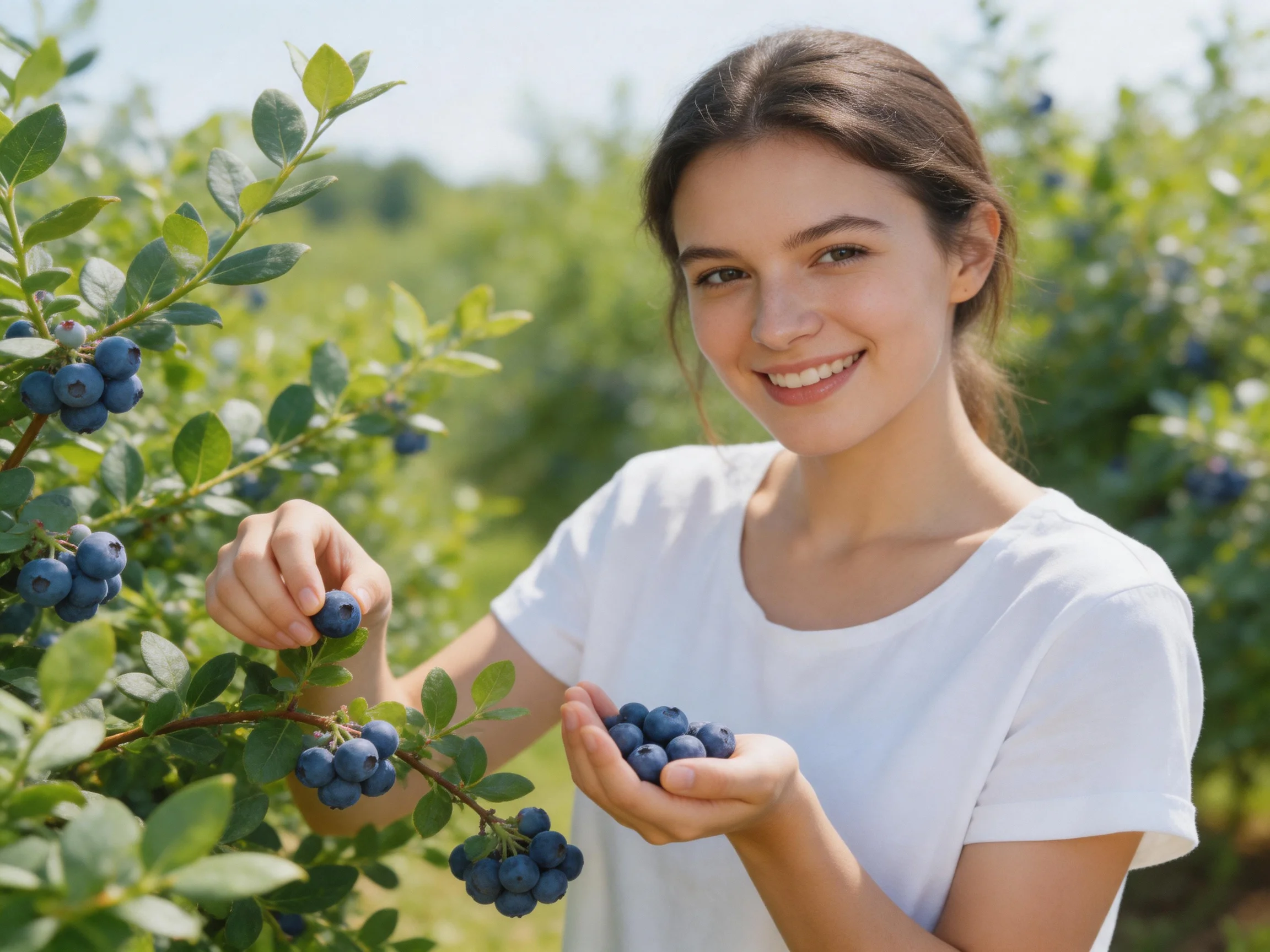 A woman harvesting plump blueberries from lush green bushes