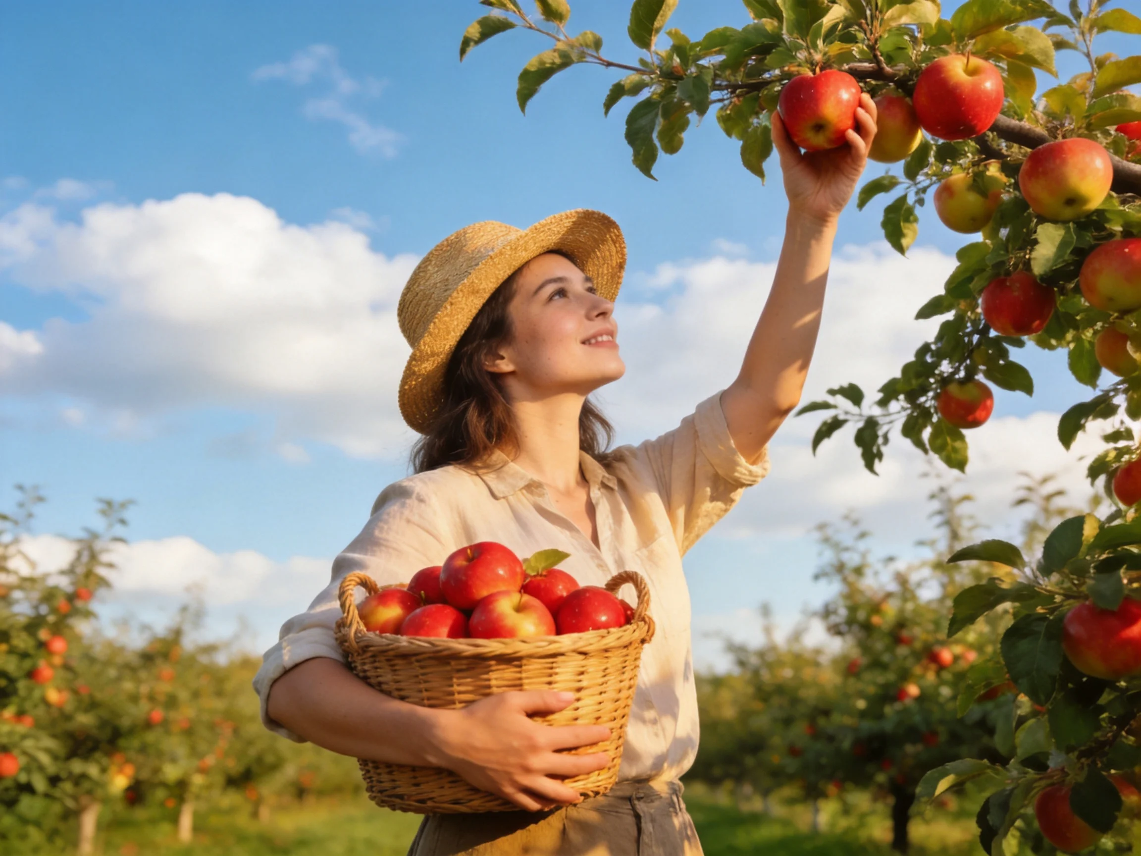 A woman harvesting ripe red apples from a sunlit orchard