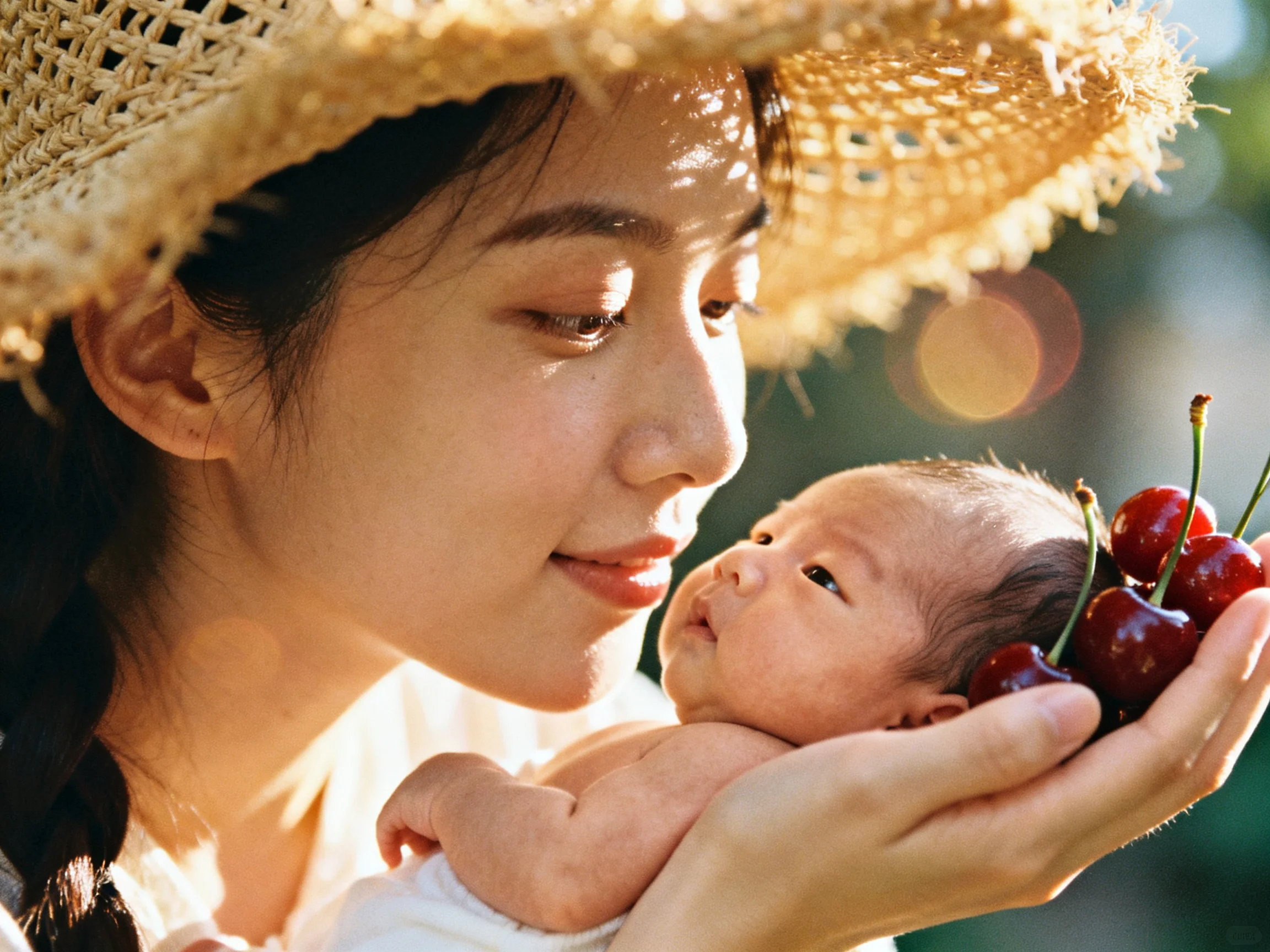 A woman holds a baby near bright red cherries under a straw hat