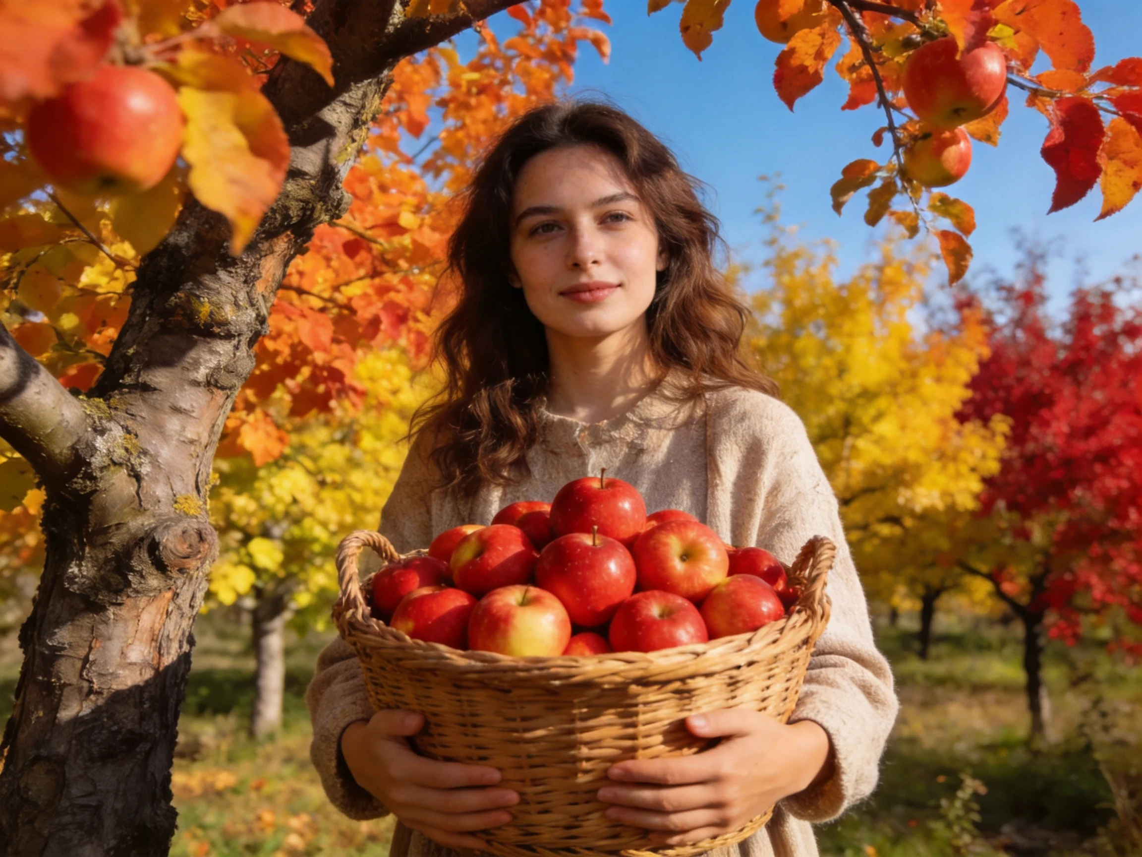 A woman holds a basket of red apples among colorful fall trees