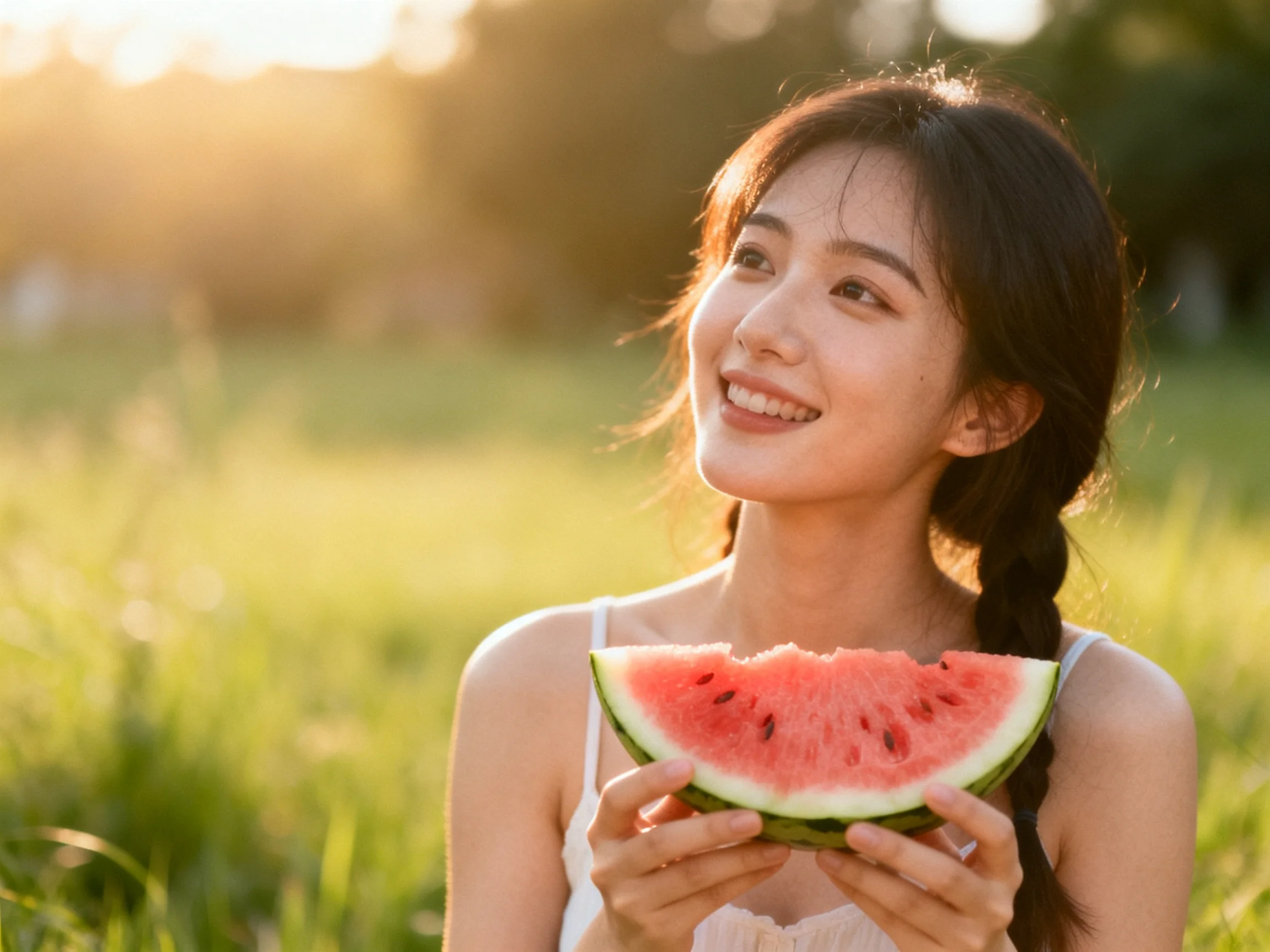 A woman holds a slice of bright red watermelon in a sunlit green field