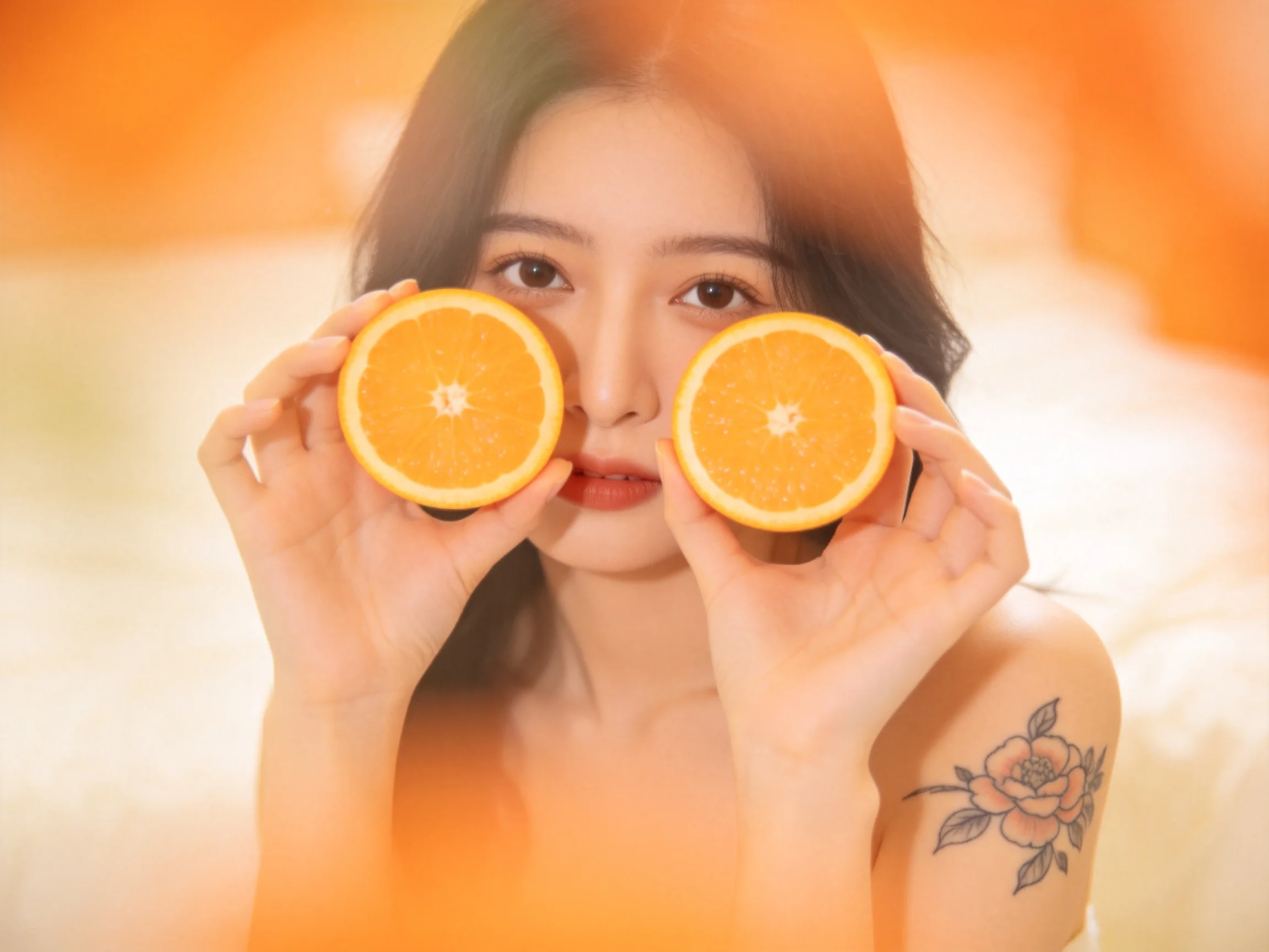 A woman holds two bright orange citrus slices against her face