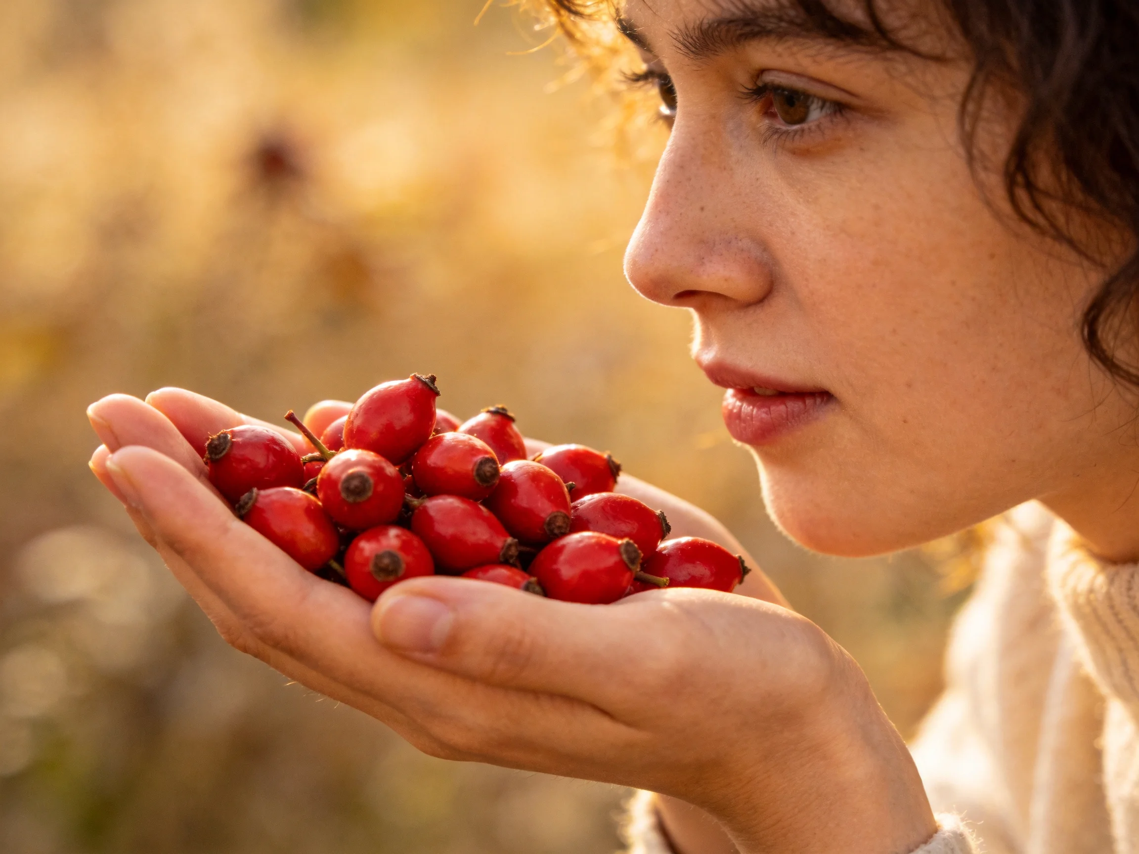 A woman holds vibrant red rose hips near her face outdoors