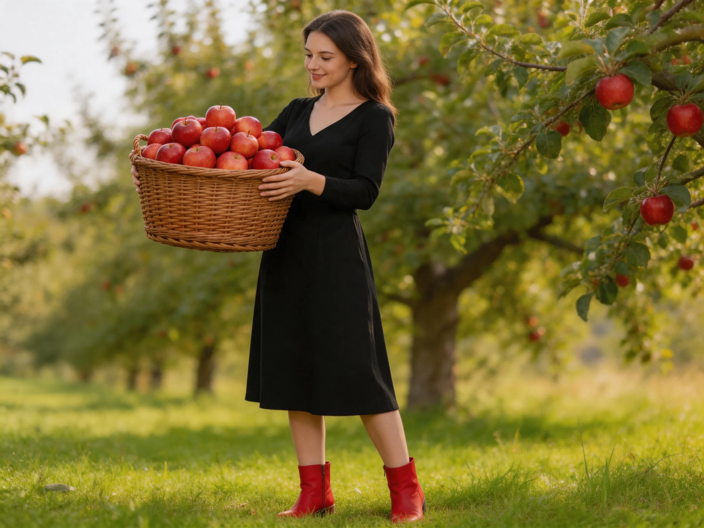 A woman in a black dress carries a large basket of red apples in an orchard