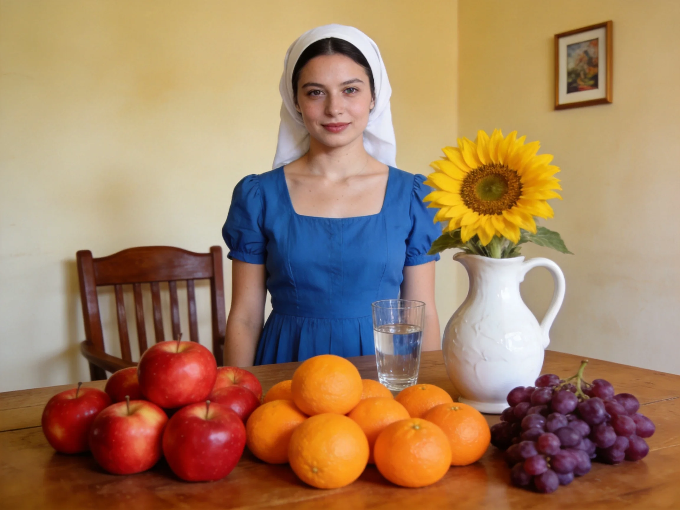 A woman in a blue dress stands by a table with apples, oranges, grapes, and a sunflower