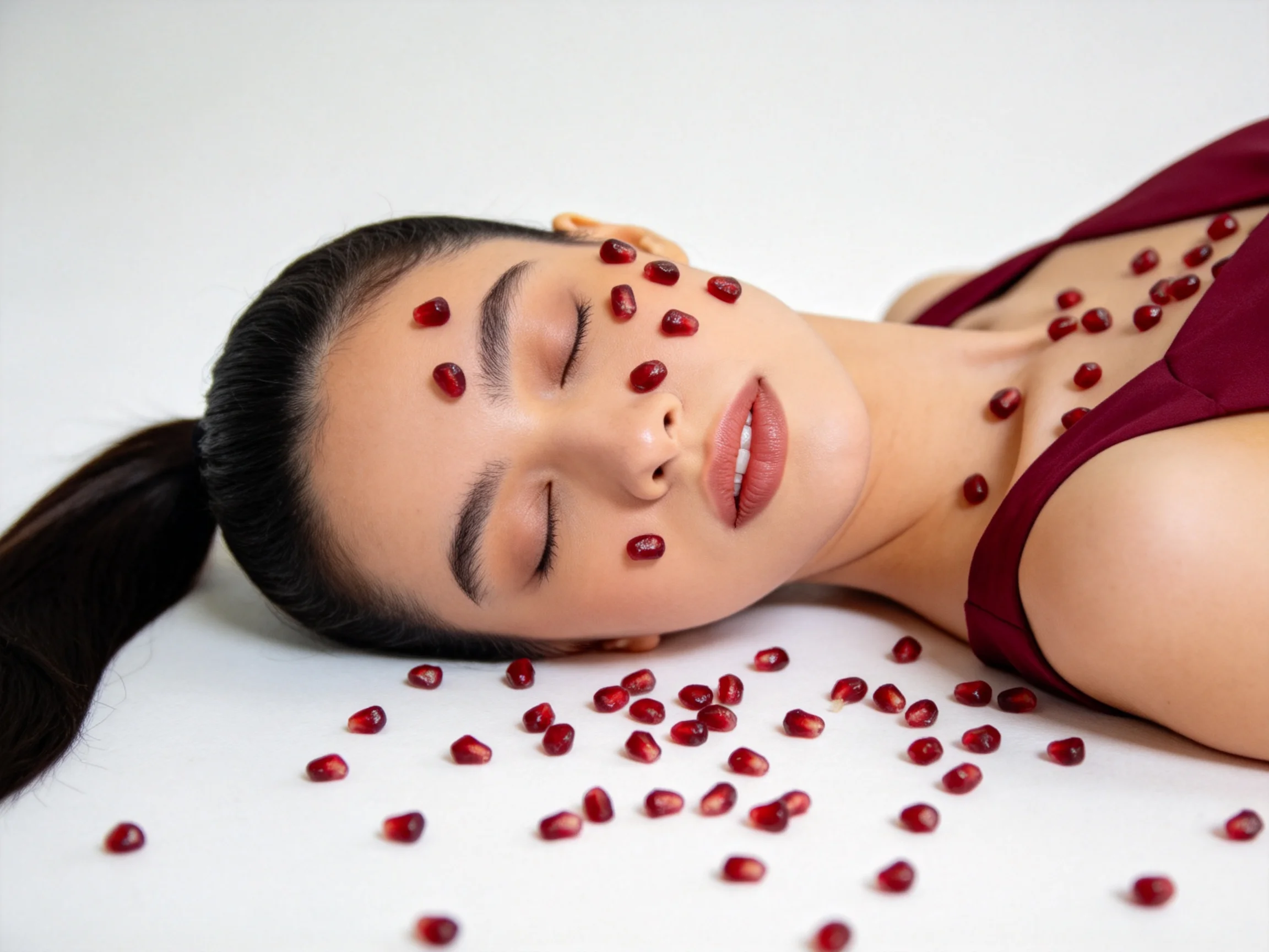 A woman in a burgundy dress lies amid scattered pomegranate seeds