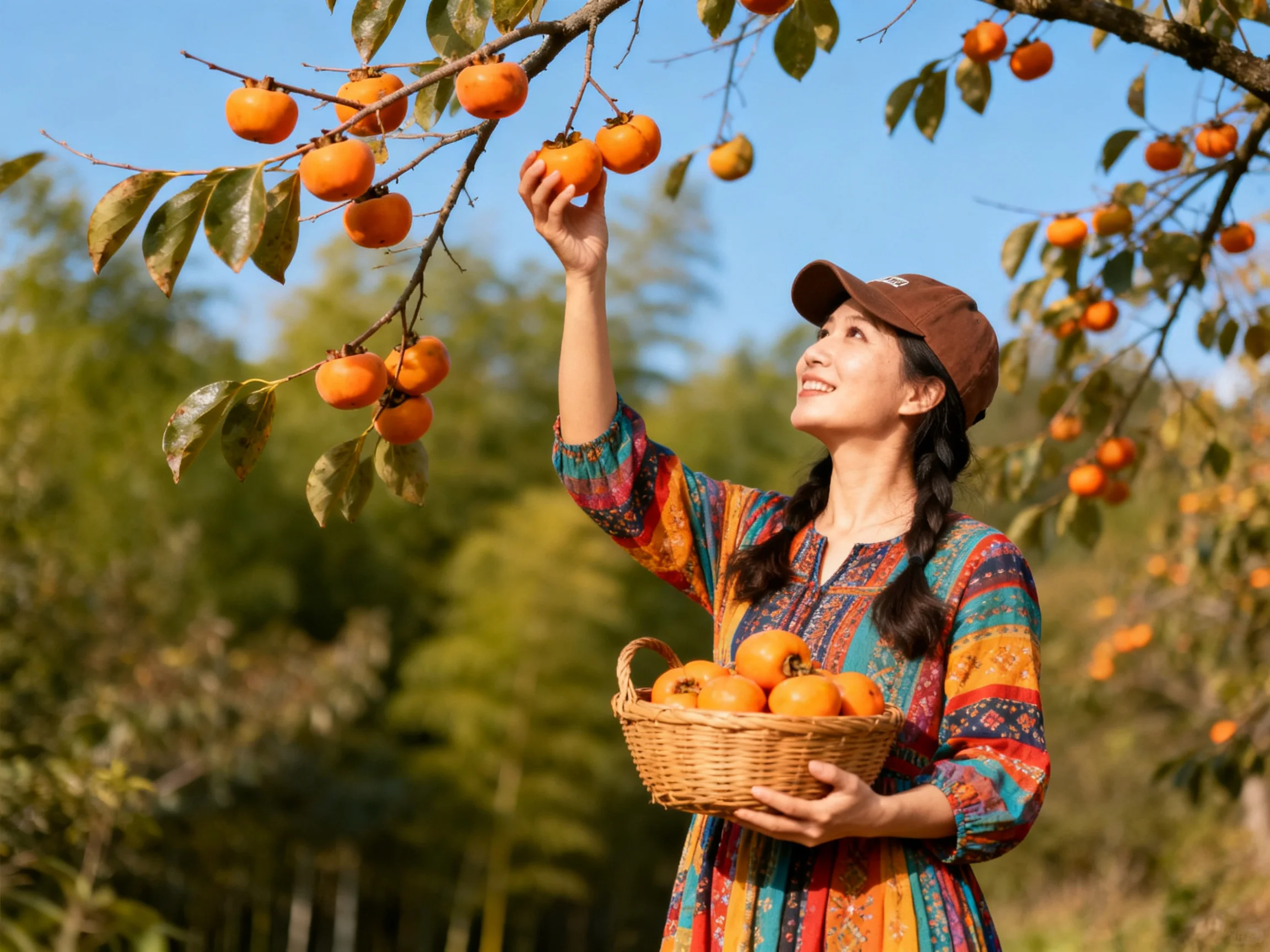 A woman in a colorful dress picks ripe orange persimmons from a tree
