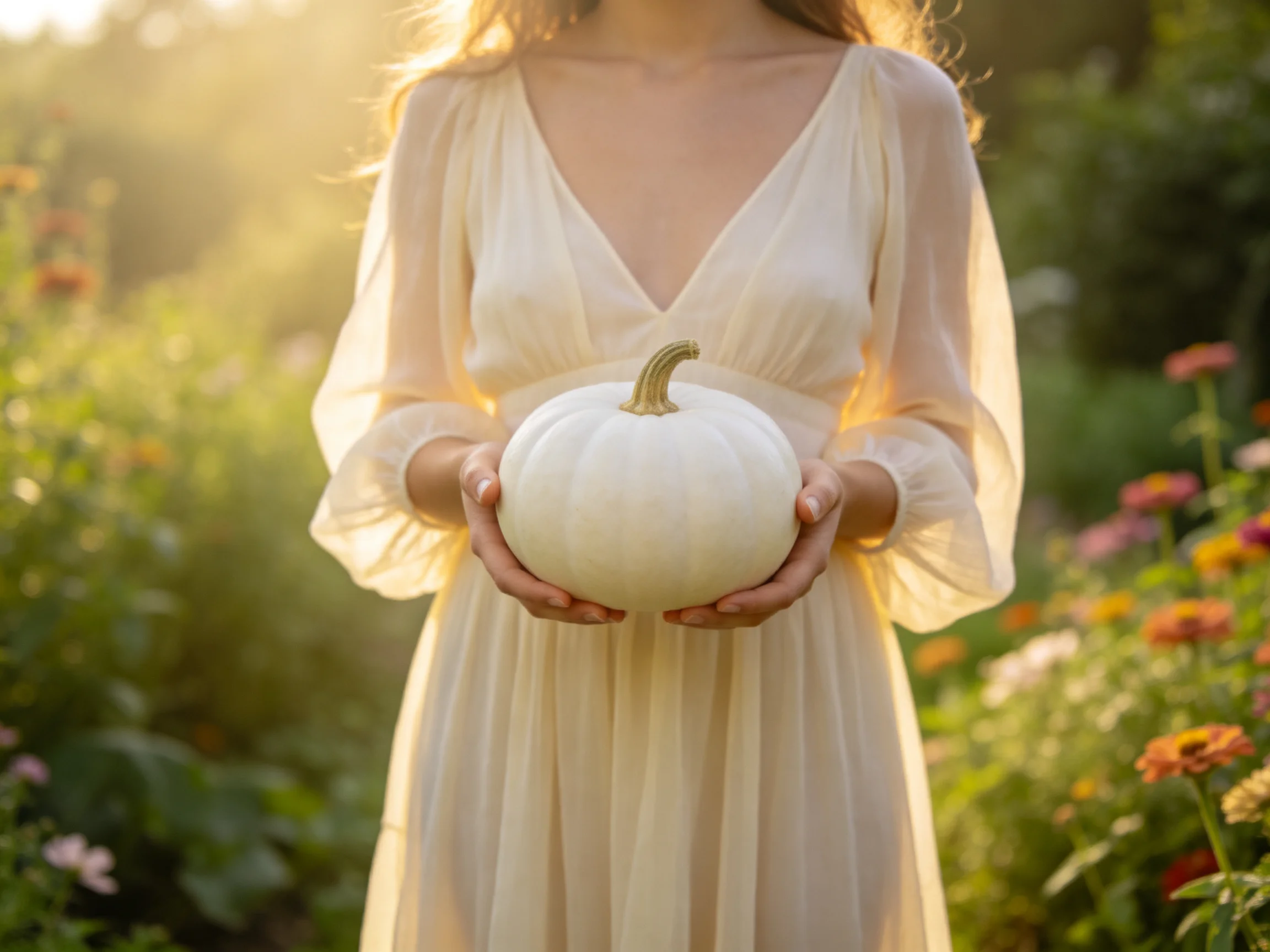 A woman in a cream dress holds a large white pumpkin in a sunlit garden