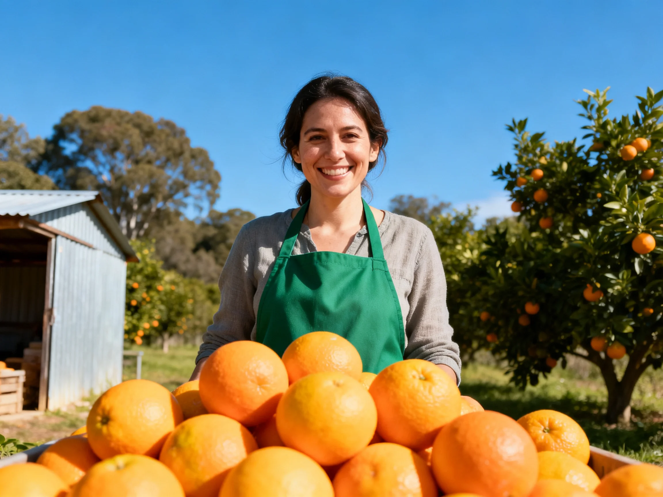 A woman in a green apron stands amid many bright oranges in an orchard