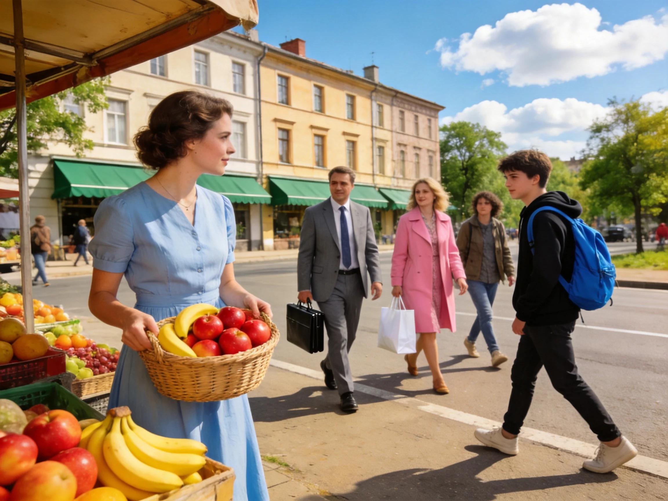 A woman in a light blue dress sells fruits near pedestrians on a sunny street