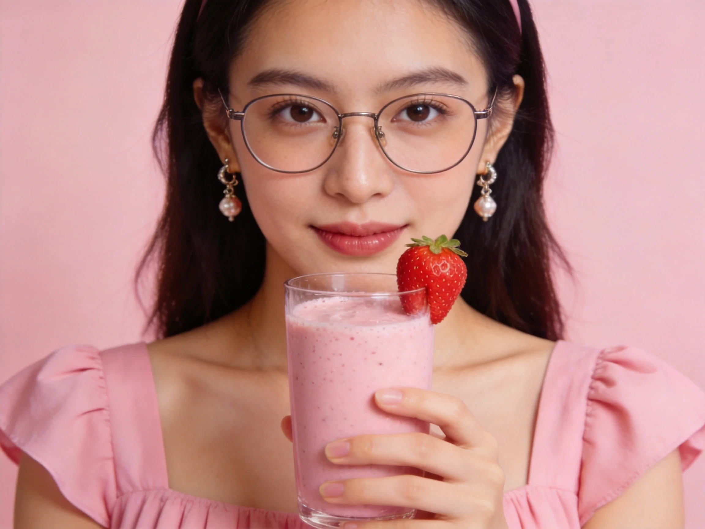 A woman in a pink dress holds a strawberry-topped pink smoothie against a pink backdrop