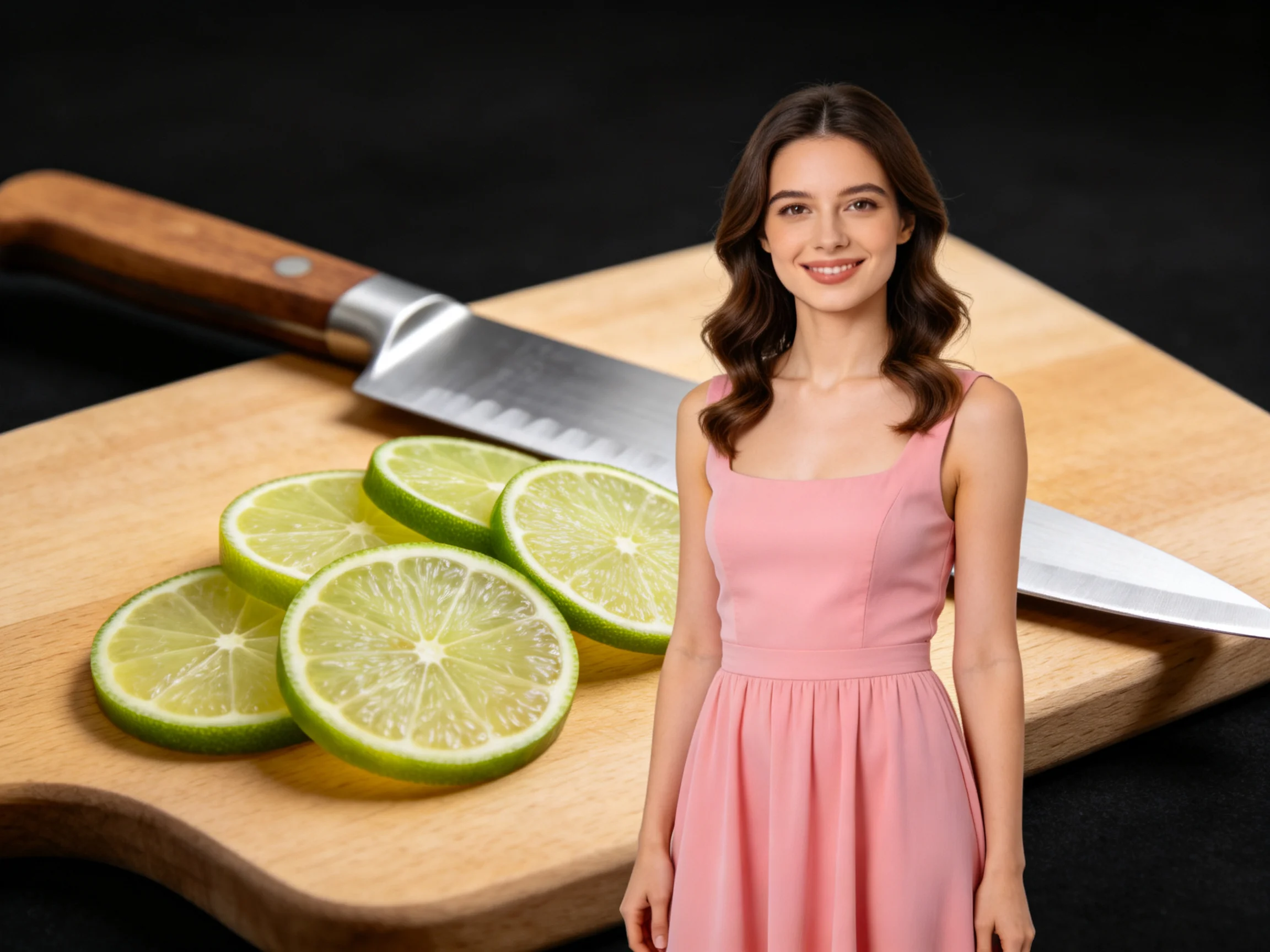 A woman in a pink dress stands by lime slices, a chefs knife, and a wooden cutting board