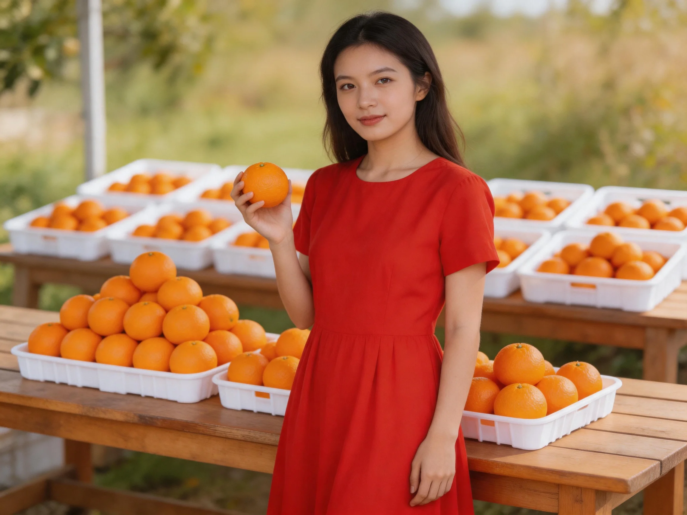 A woman in a red dress holds an orange near stacked crates of oranges