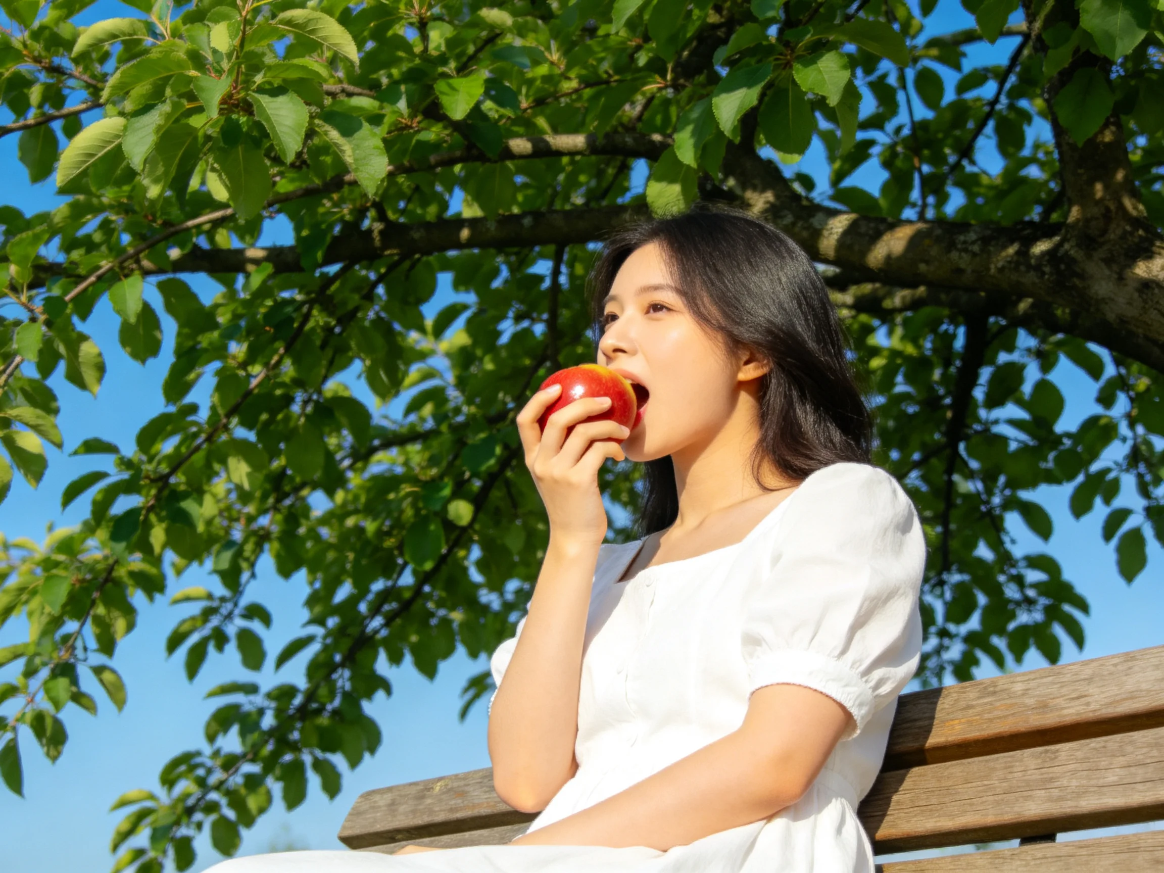 A woman in a white dress eats a red apple beneath leafy green trees