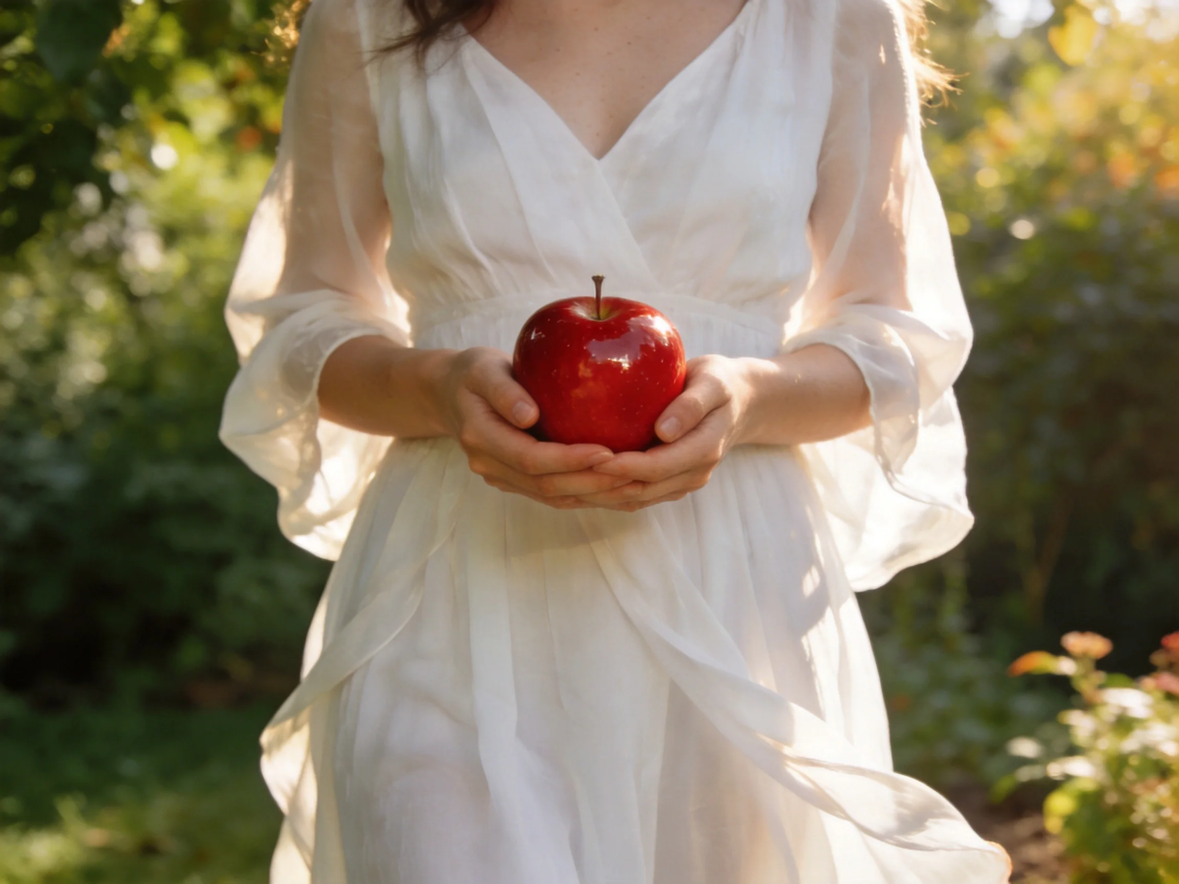 A woman in a white dress holds a glossy red apple outdoors
