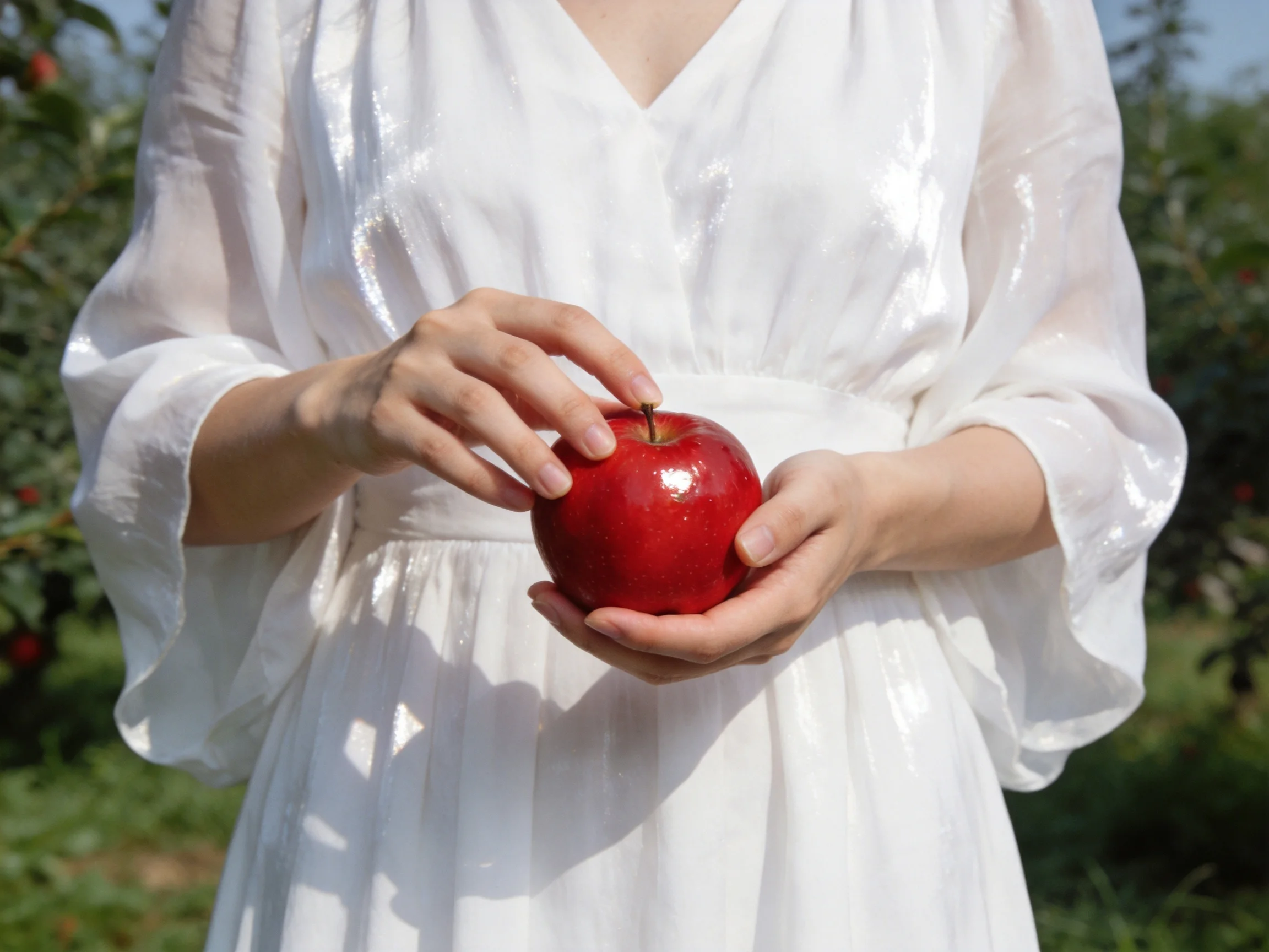 A woman in a white dress holds a shiny red apple outdoors