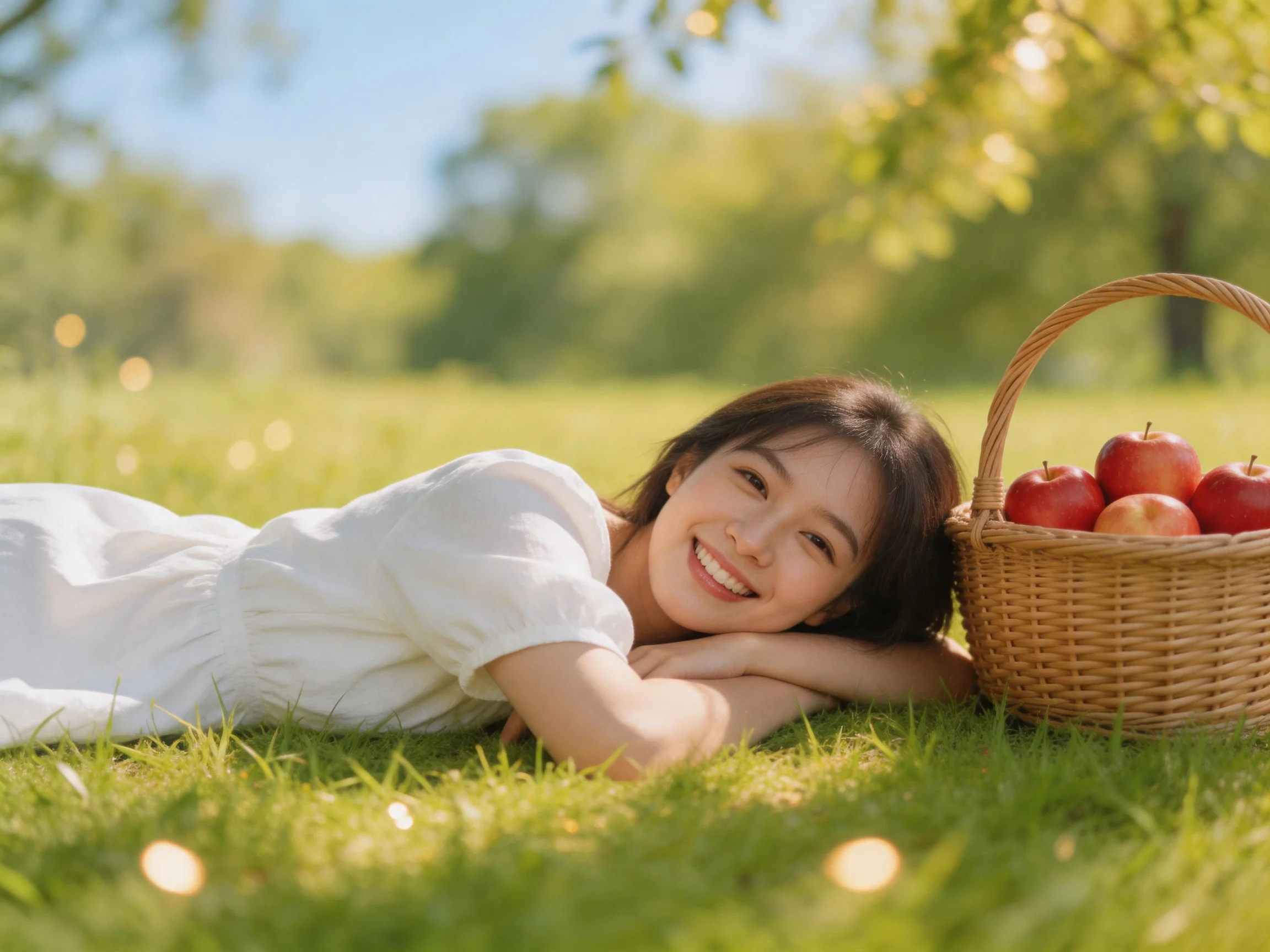 A woman in a white dress relaxes beside a wicker basket of red apples outdoors.