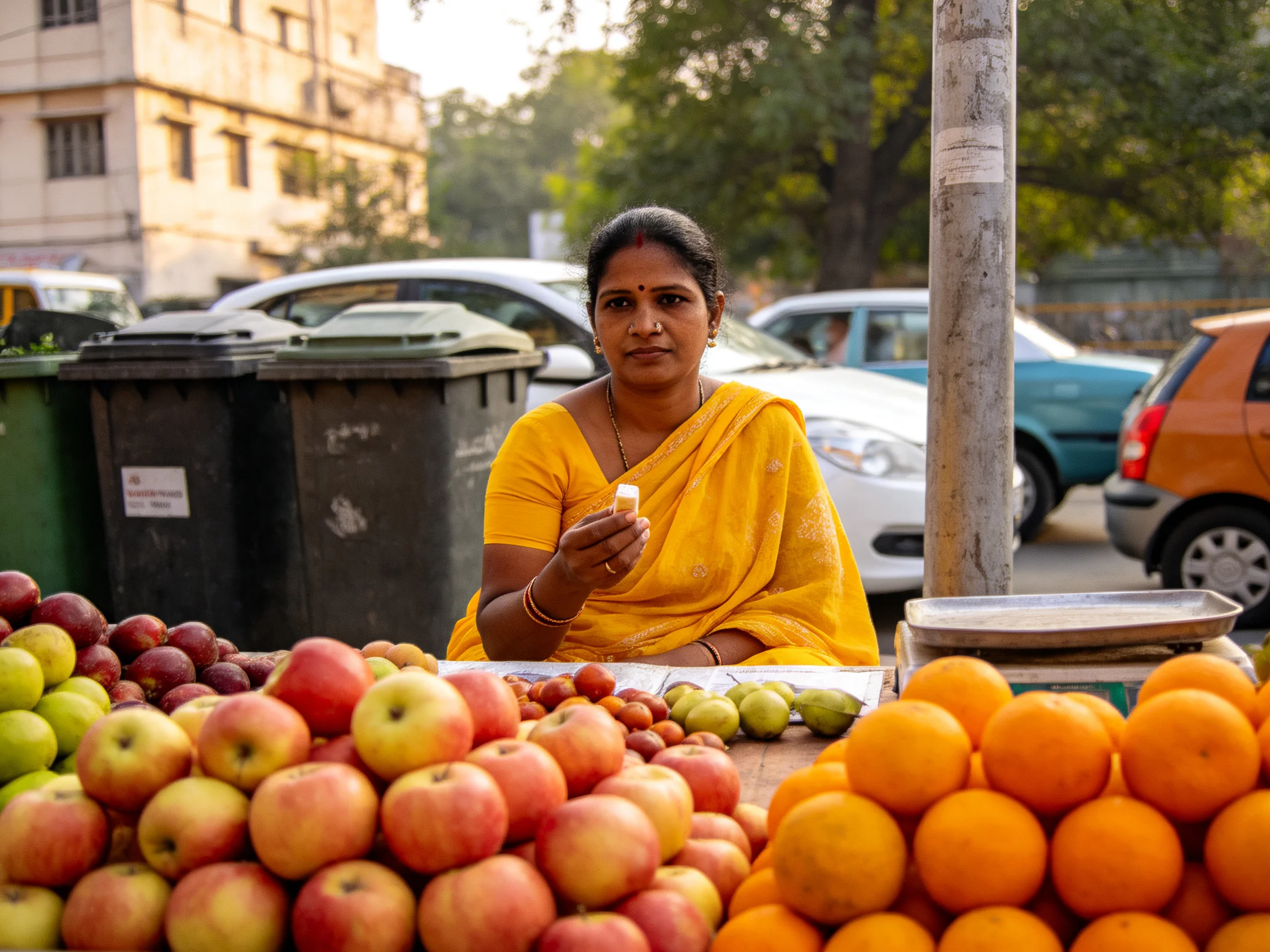 A woman in a yellow sari sells colorful fruits near parked cars