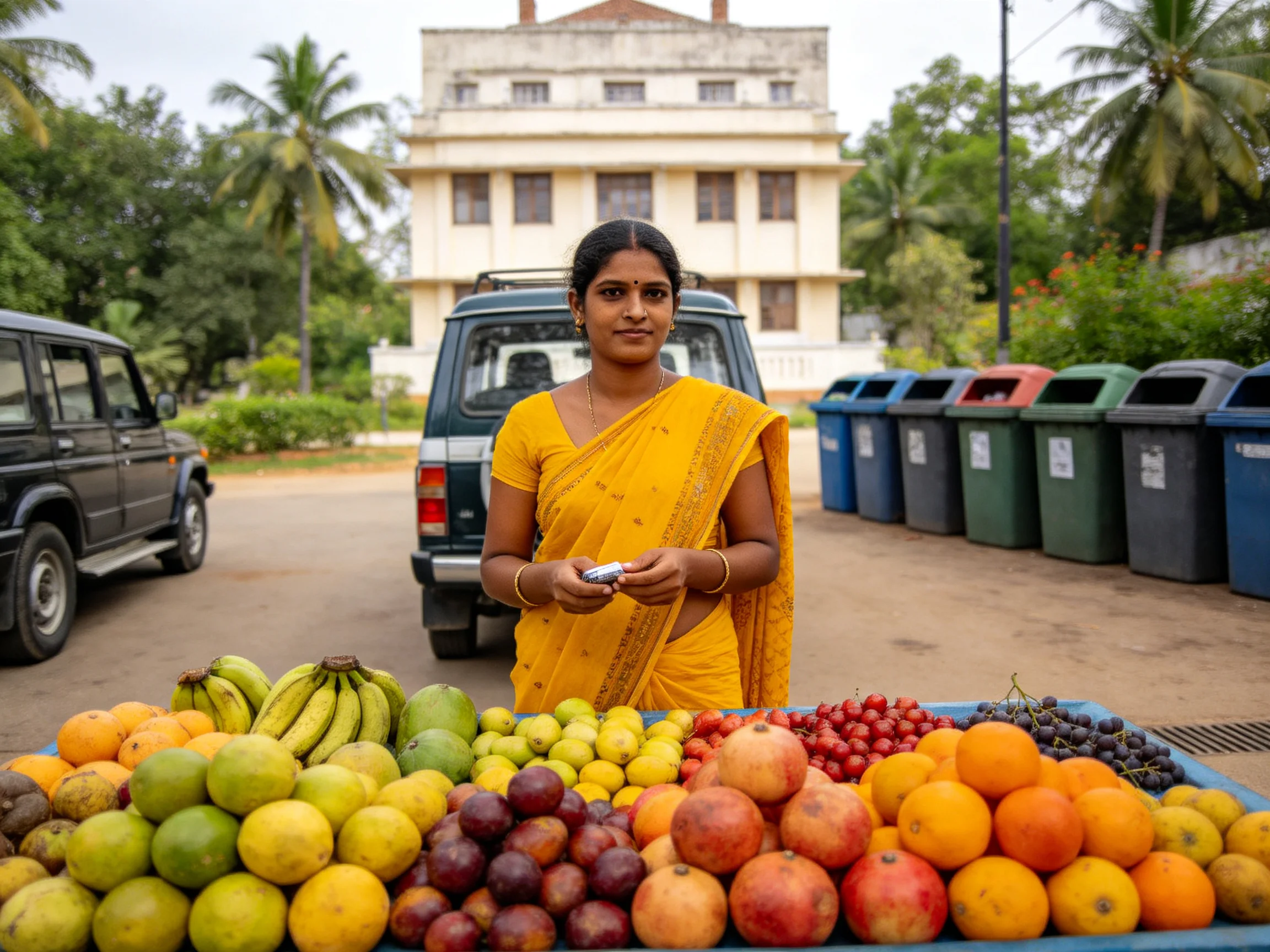 A woman in a yellow sari sells diverse fruits near a large building