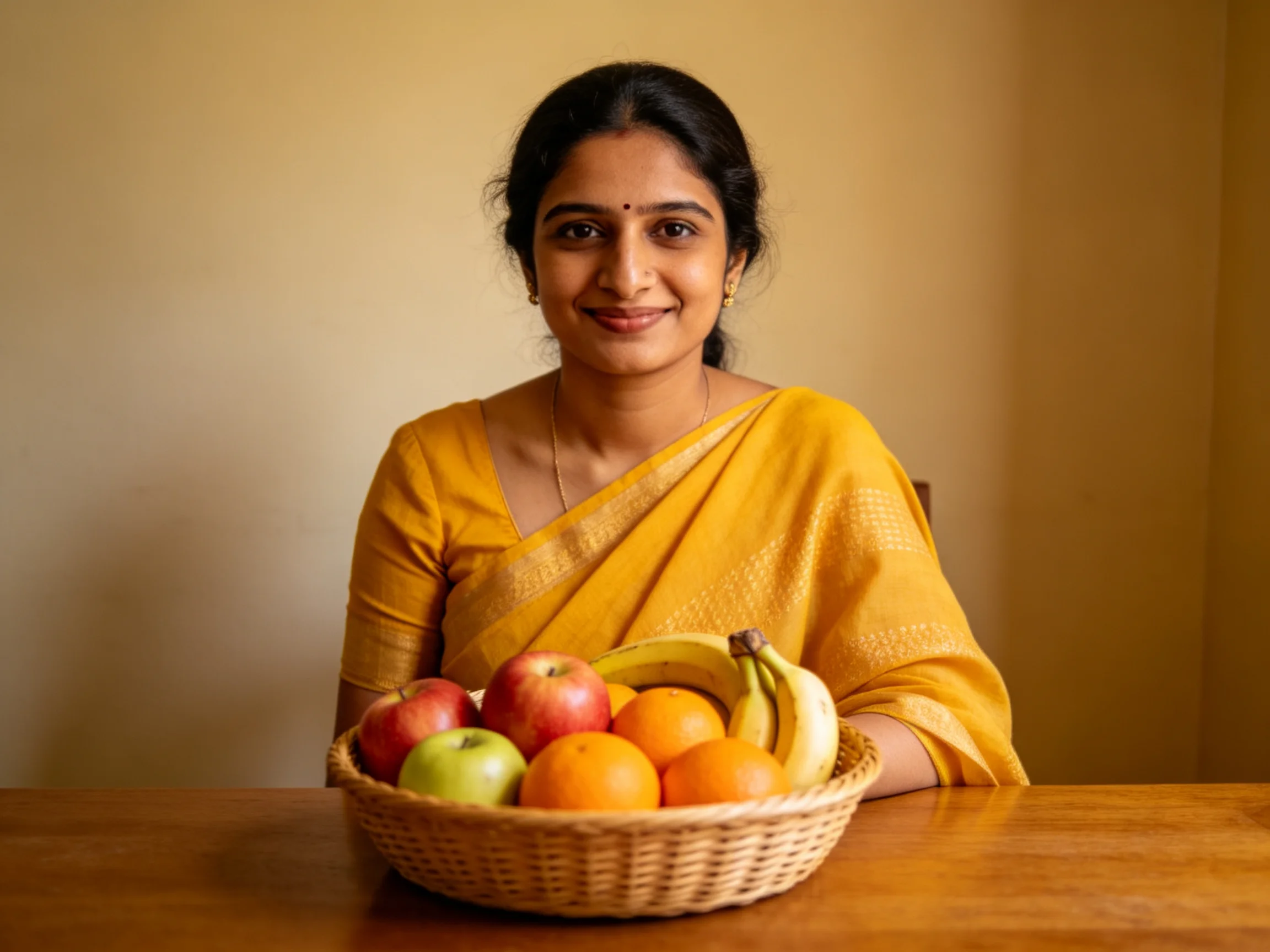 A woman in a yellow sari sits beside a basket of mixed fruits