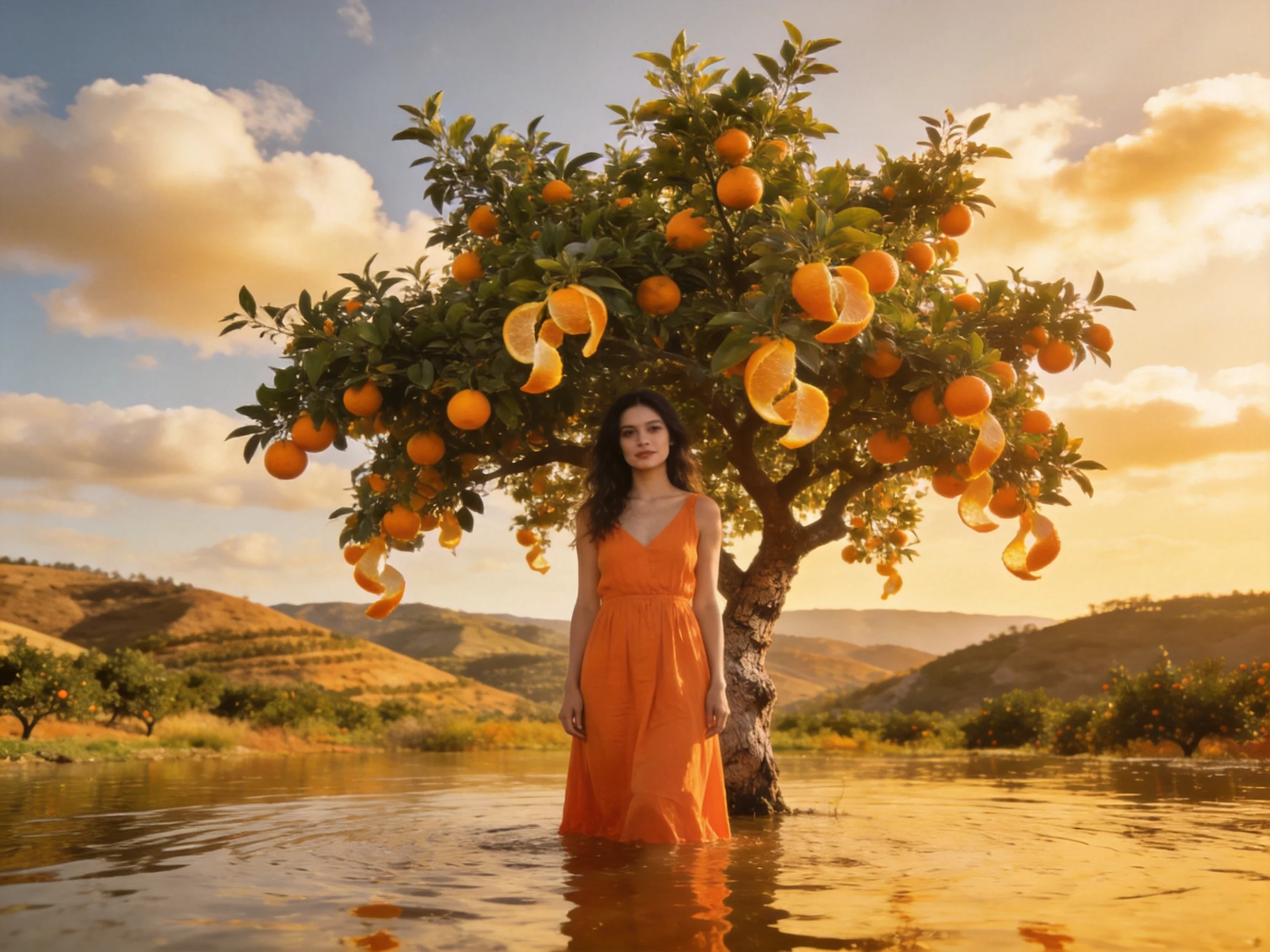 A woman in an orange dress stands by a fruit-filled orange tree in shallow water