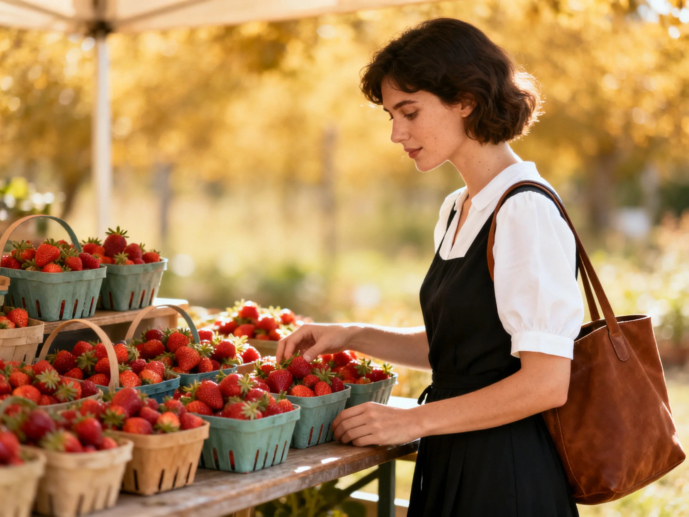A woman selecting ripe strawberries from baskets outdoors