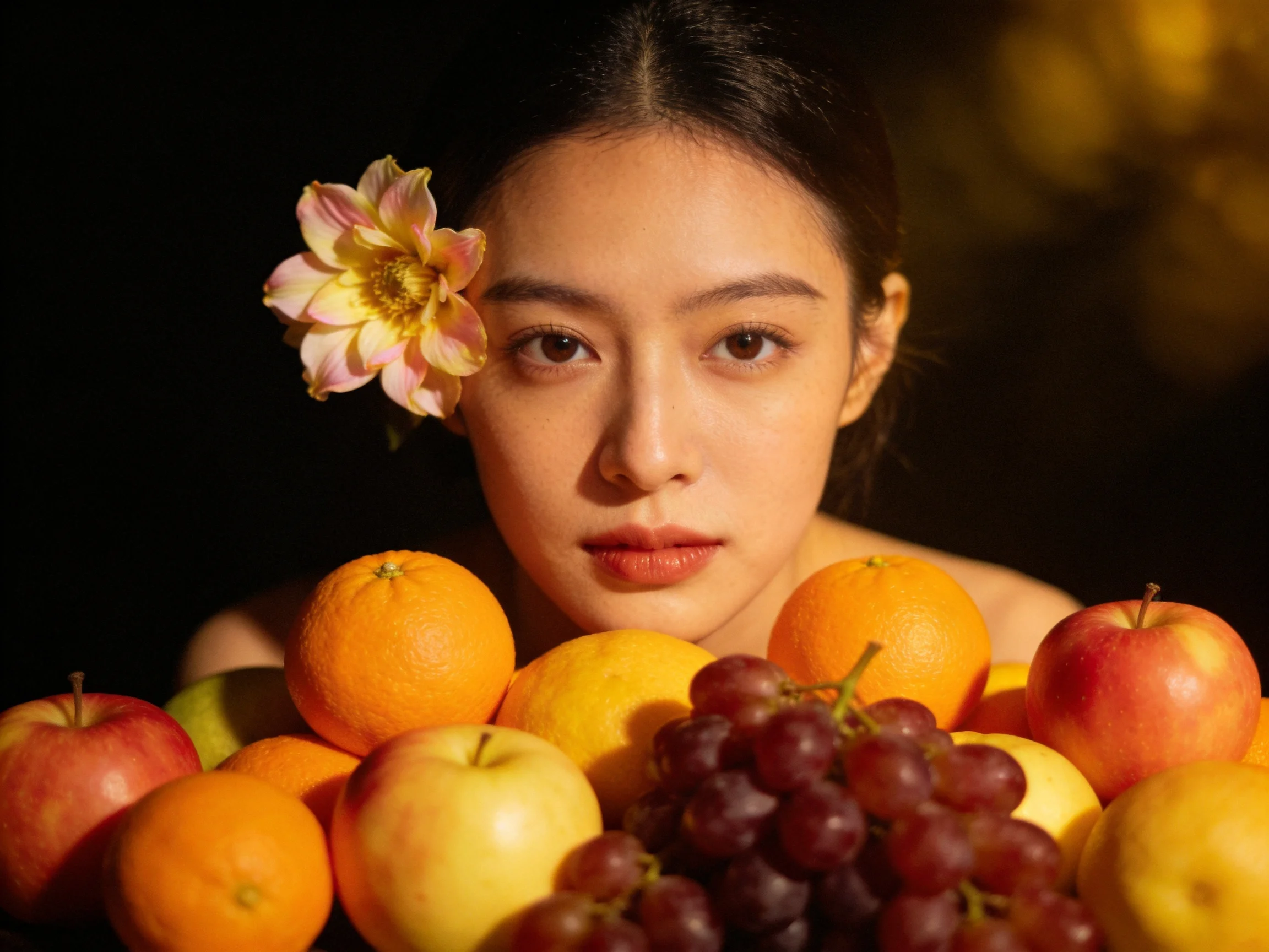 A woman surrounded by assorted colorful fruits and a flower