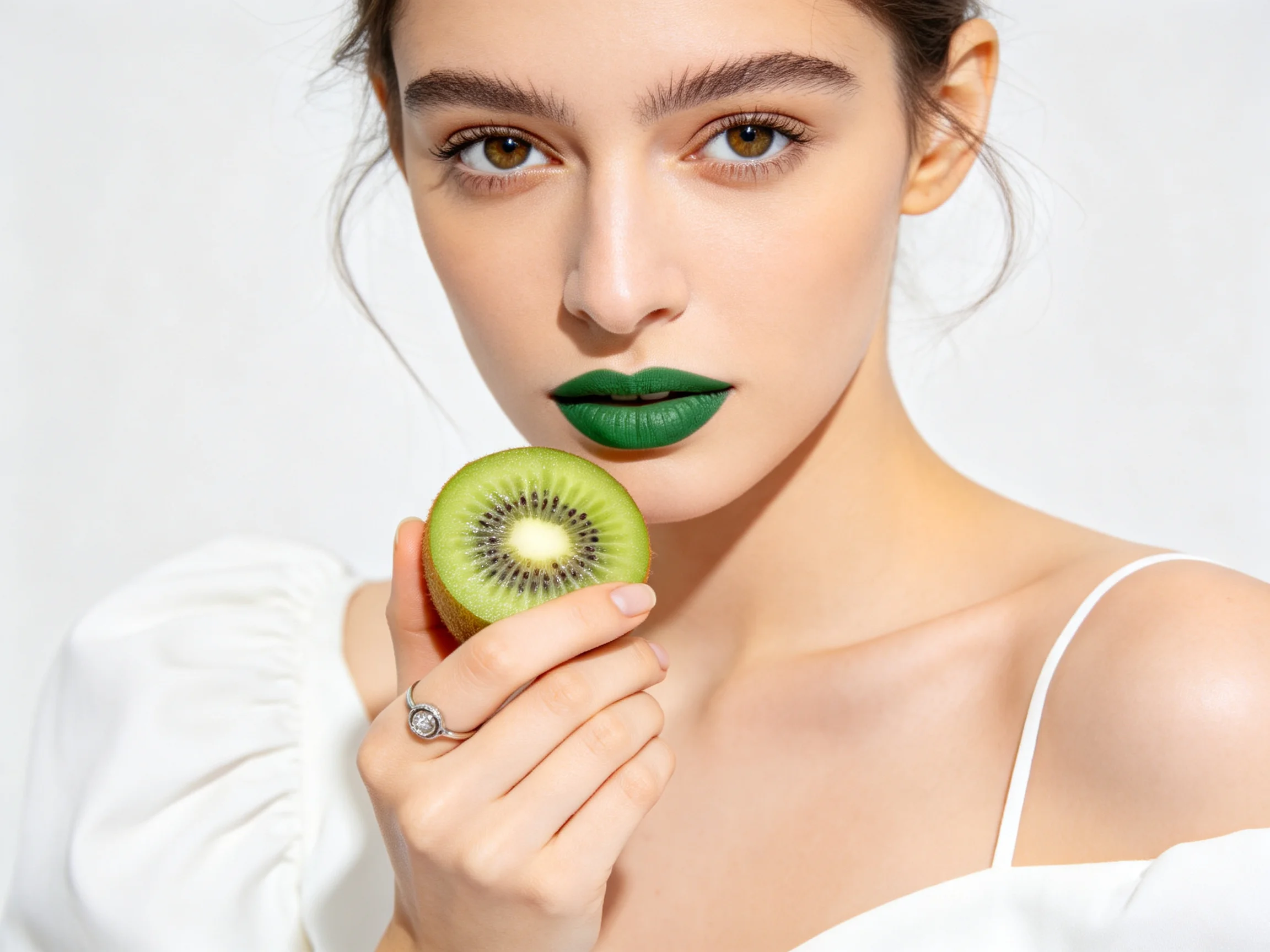 A woman with bold green lips holds a sliced kiwi fruit against her face