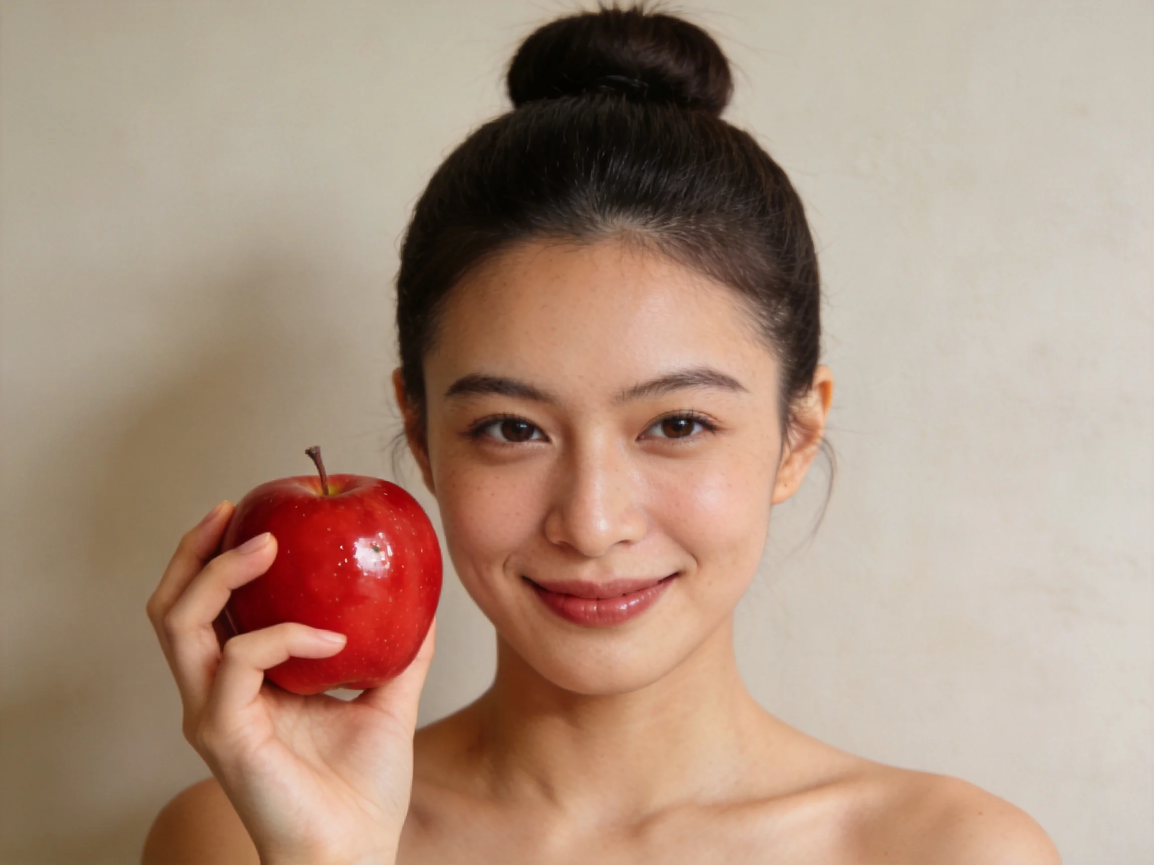 A woman with dark hair in a bun holds a glossy red apple