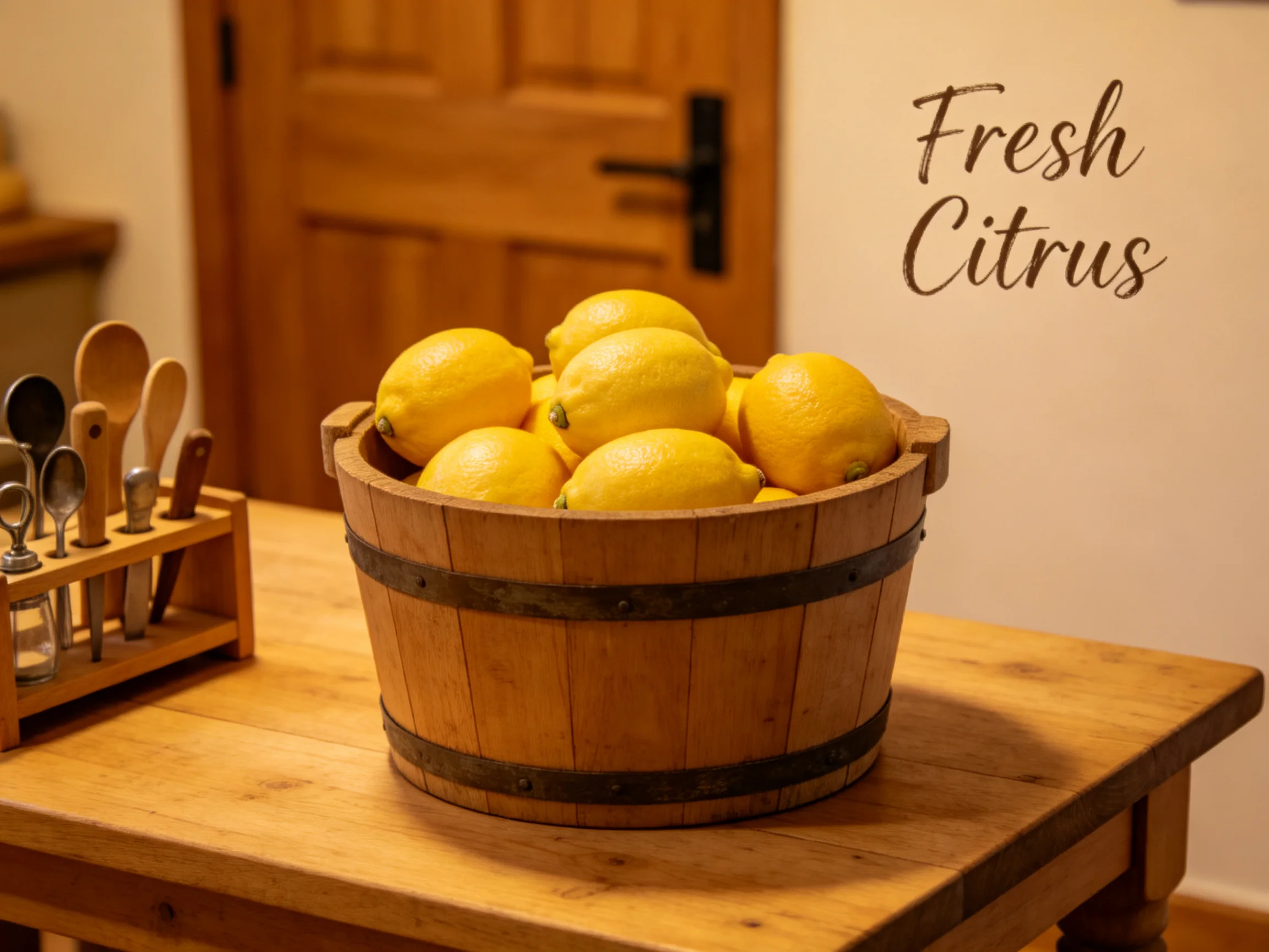 A wooden barrel brimming with bright yellow lemons beside utensils