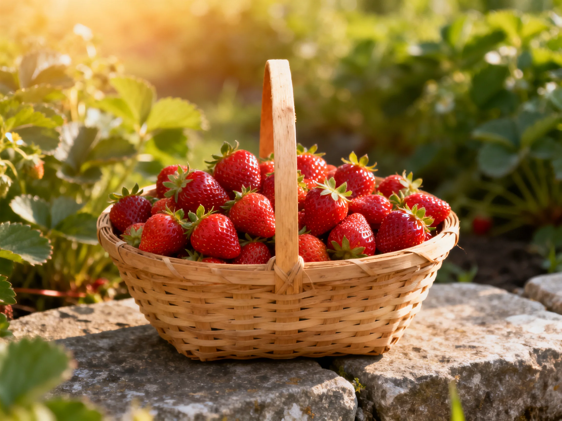 A wooden basket brimming with ripe red strawberries in a sunlit garden