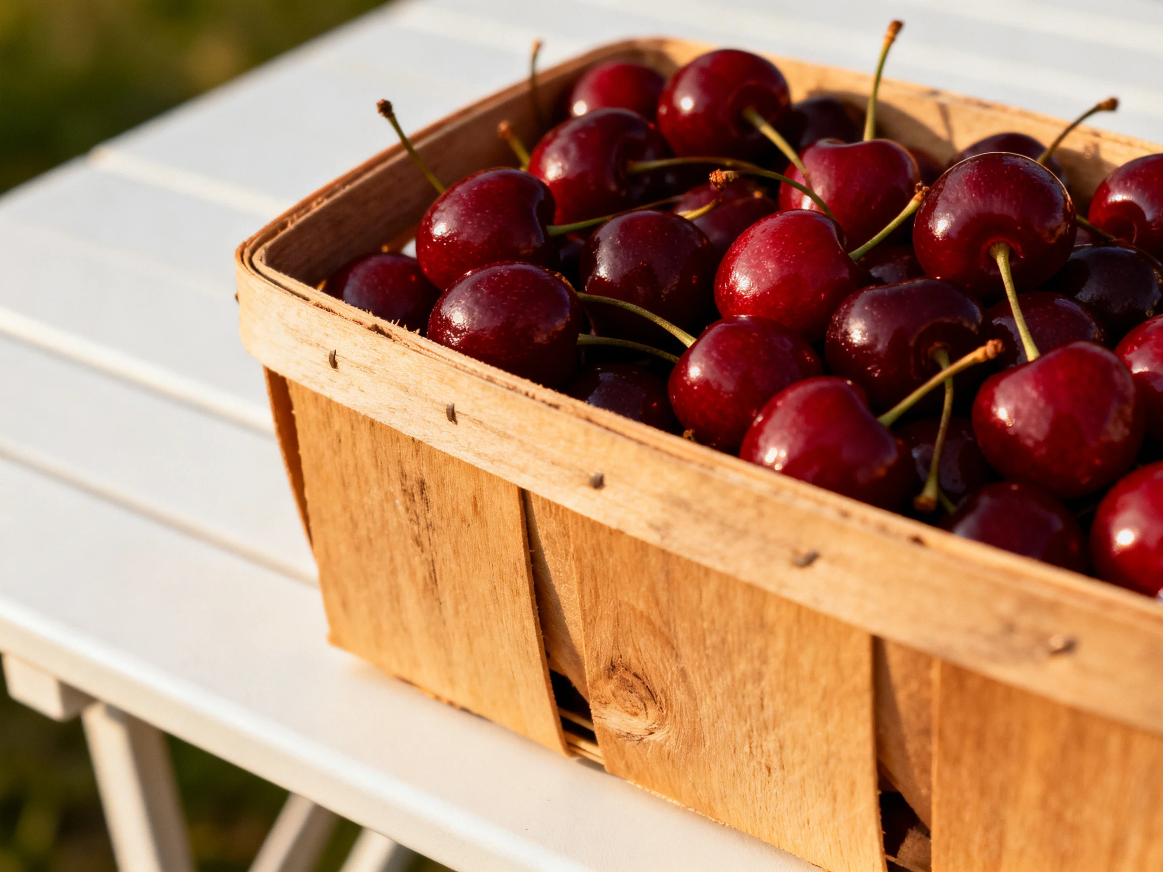 A wooden basket filled with glossy dark red cherries on a white table