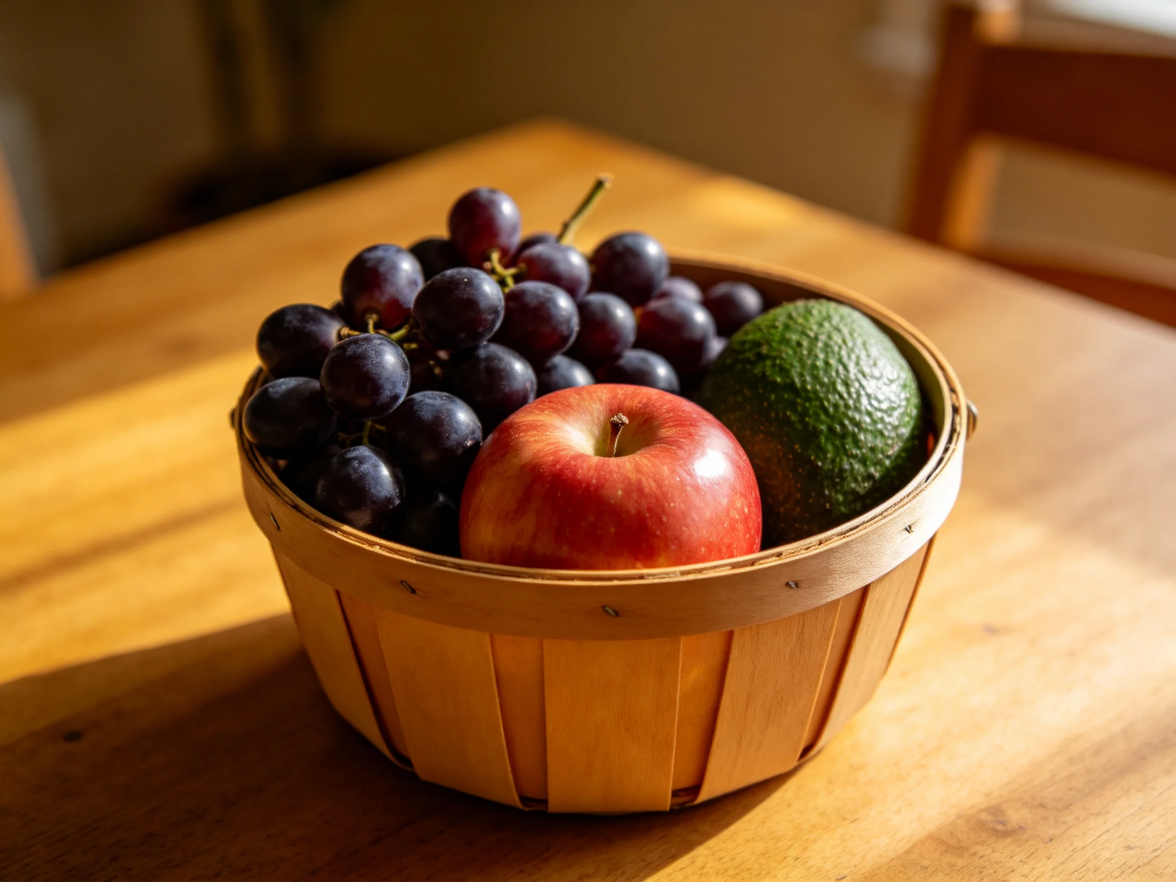 A wooden basket holds dark purple grapes, a red apple, and a green avocado