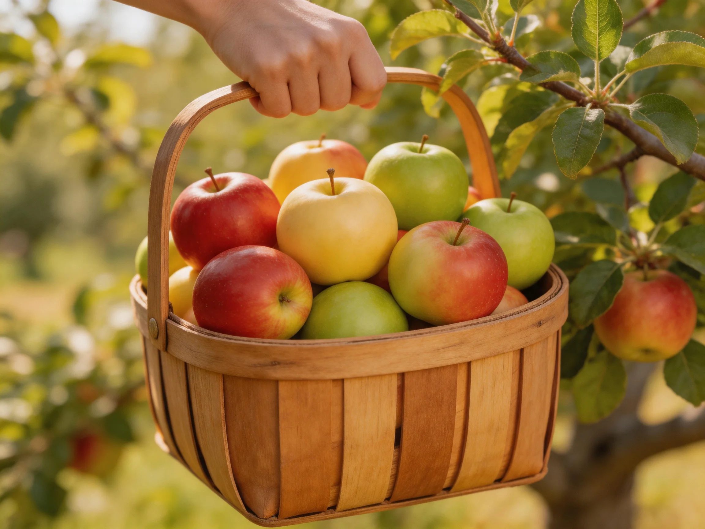 A wooden basket overflowing with multicolored apples hangs from an apple tree.
