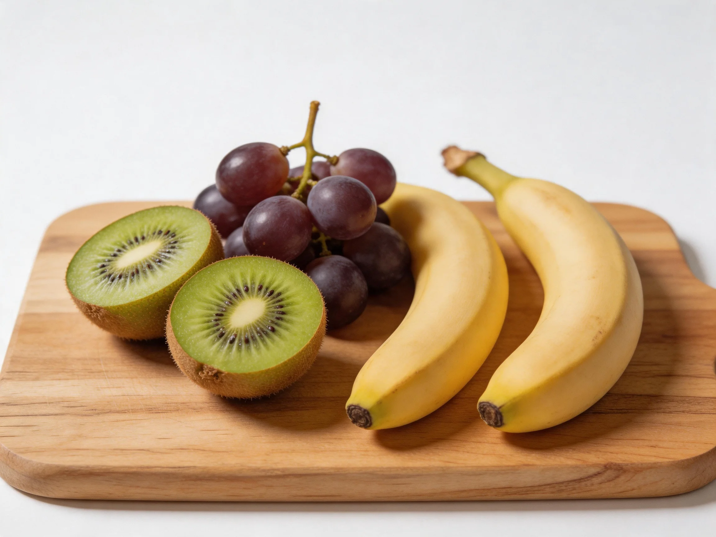 A wooden board displays two bananas, two kiwi halves, and a cluster of dark purple grapes