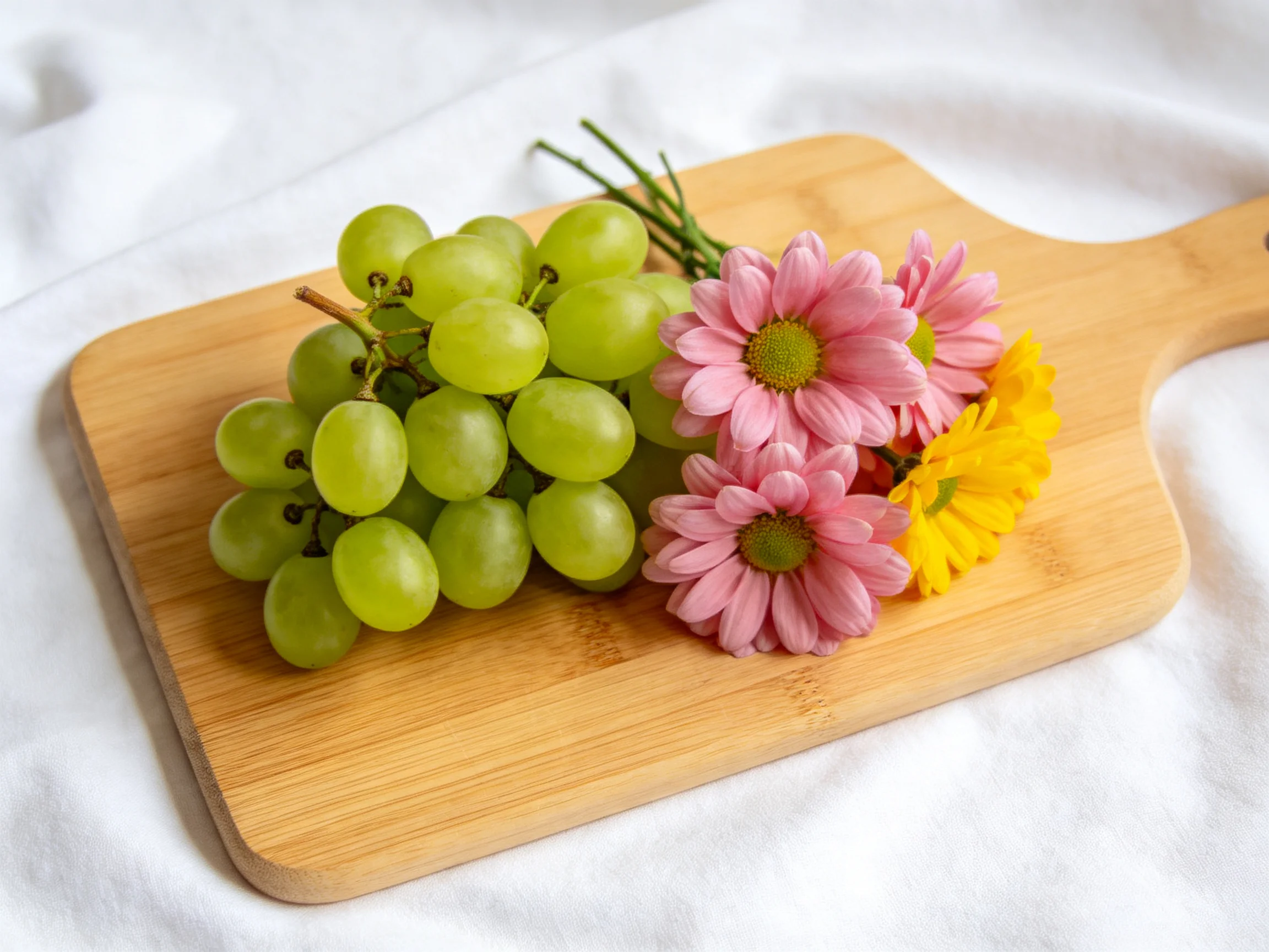 A wooden board holds green grapes and pink-yellow flowers on white cloth