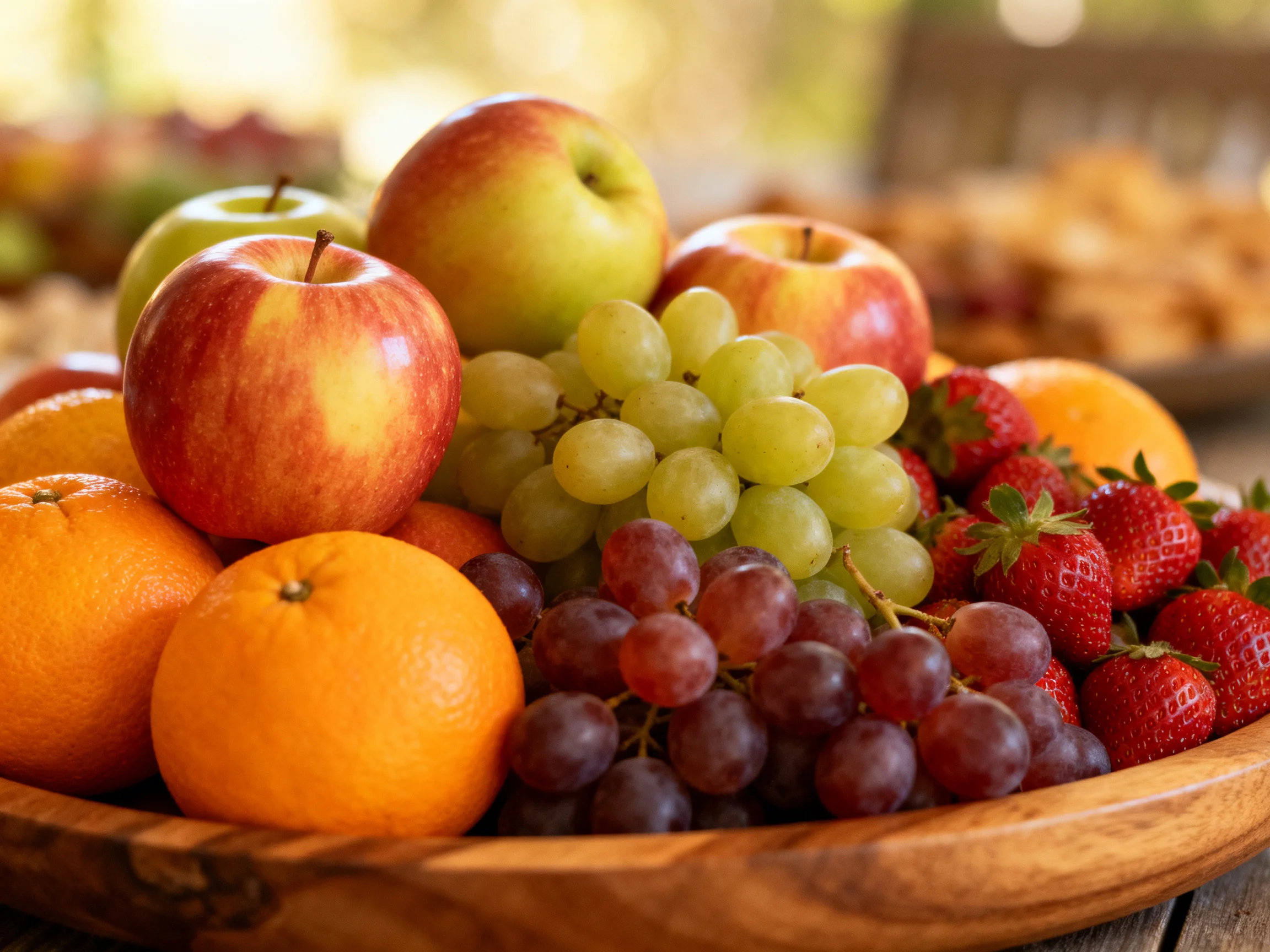 A wooden bowl brimming with colorful fruits including apples, grapes, and strawberries