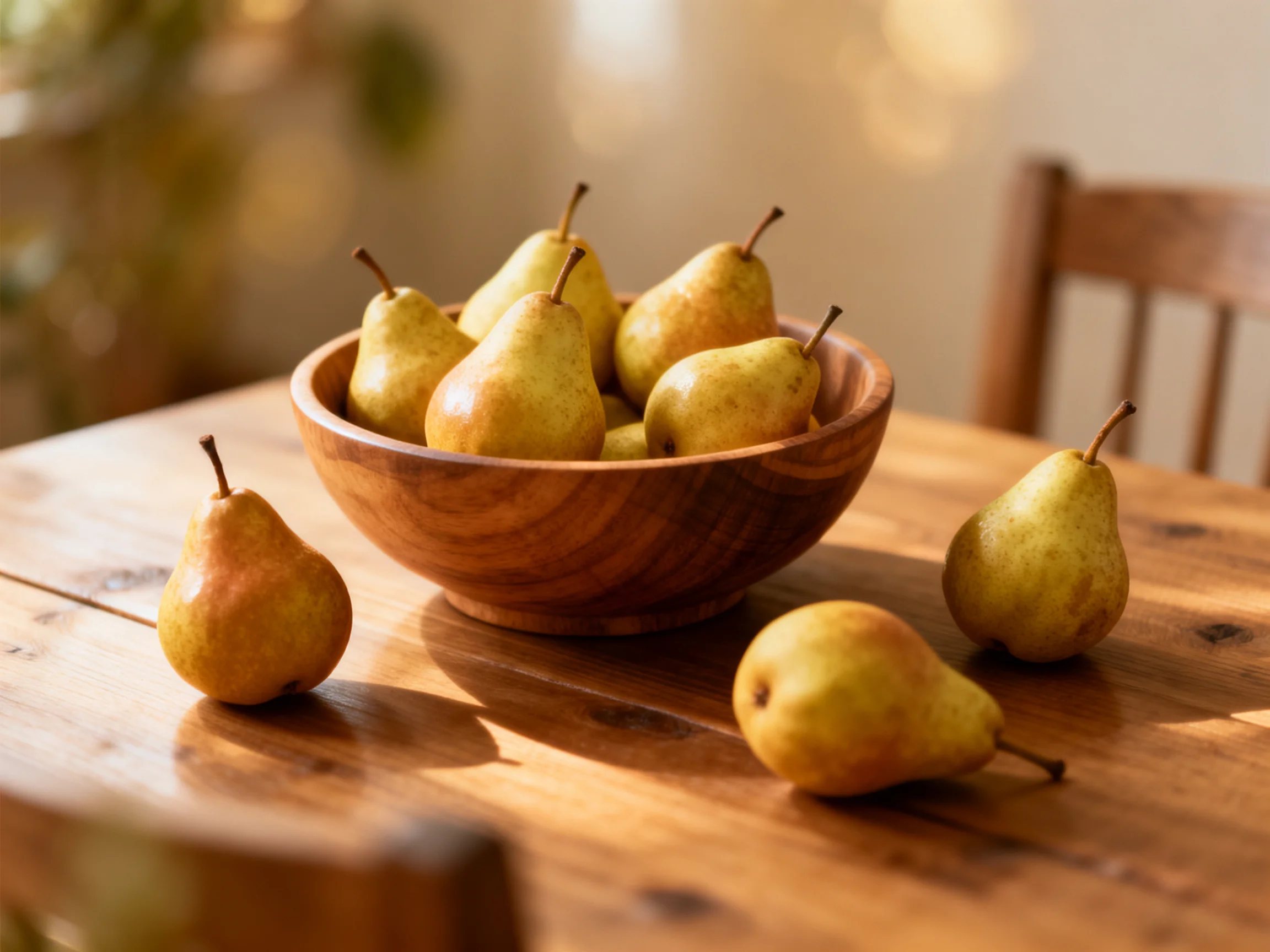 A wooden bowl brimming with golden-yellow pears sits atop a polished table