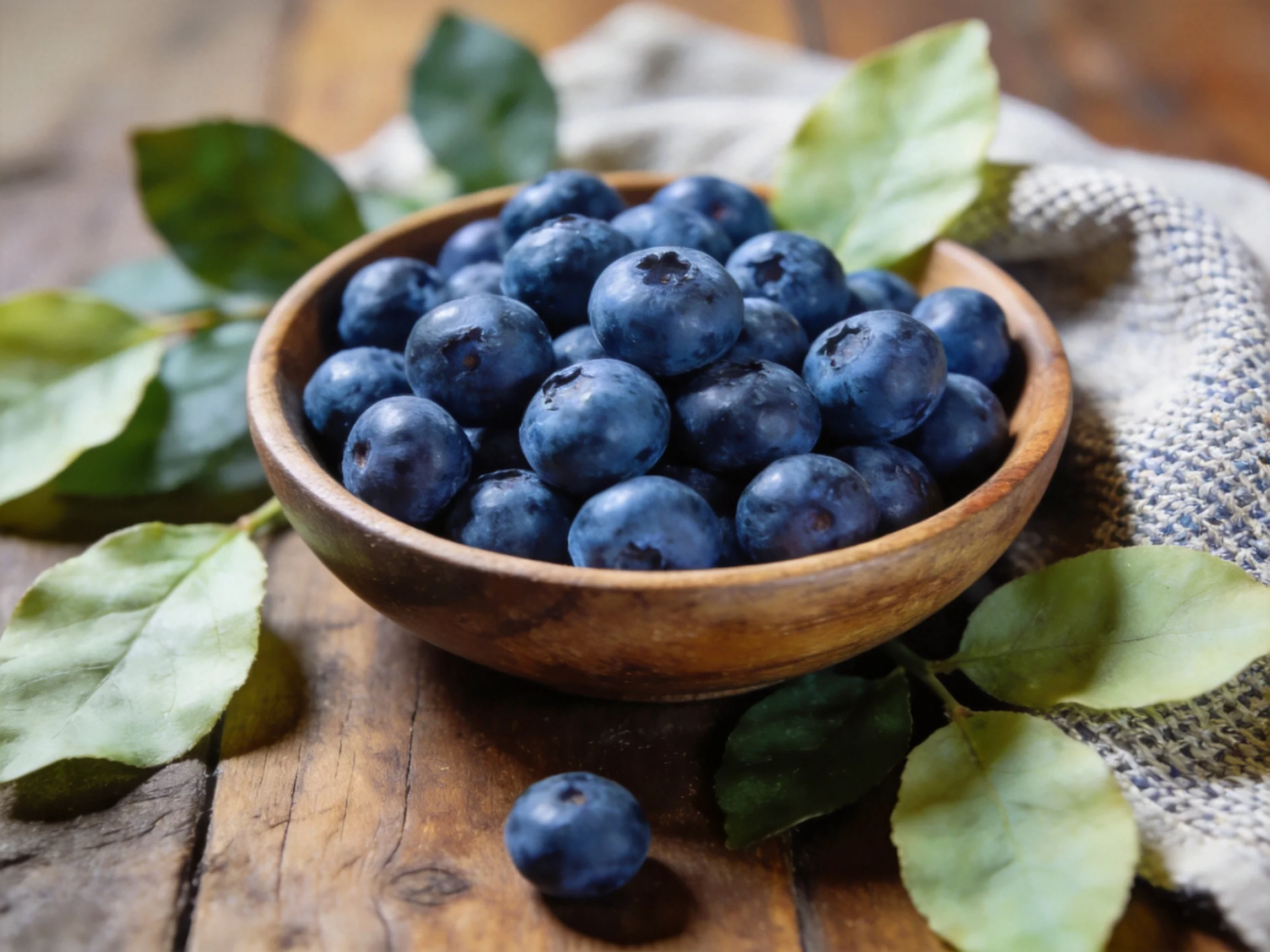 A wooden bowl brimming with plump blueberries beside green leaves