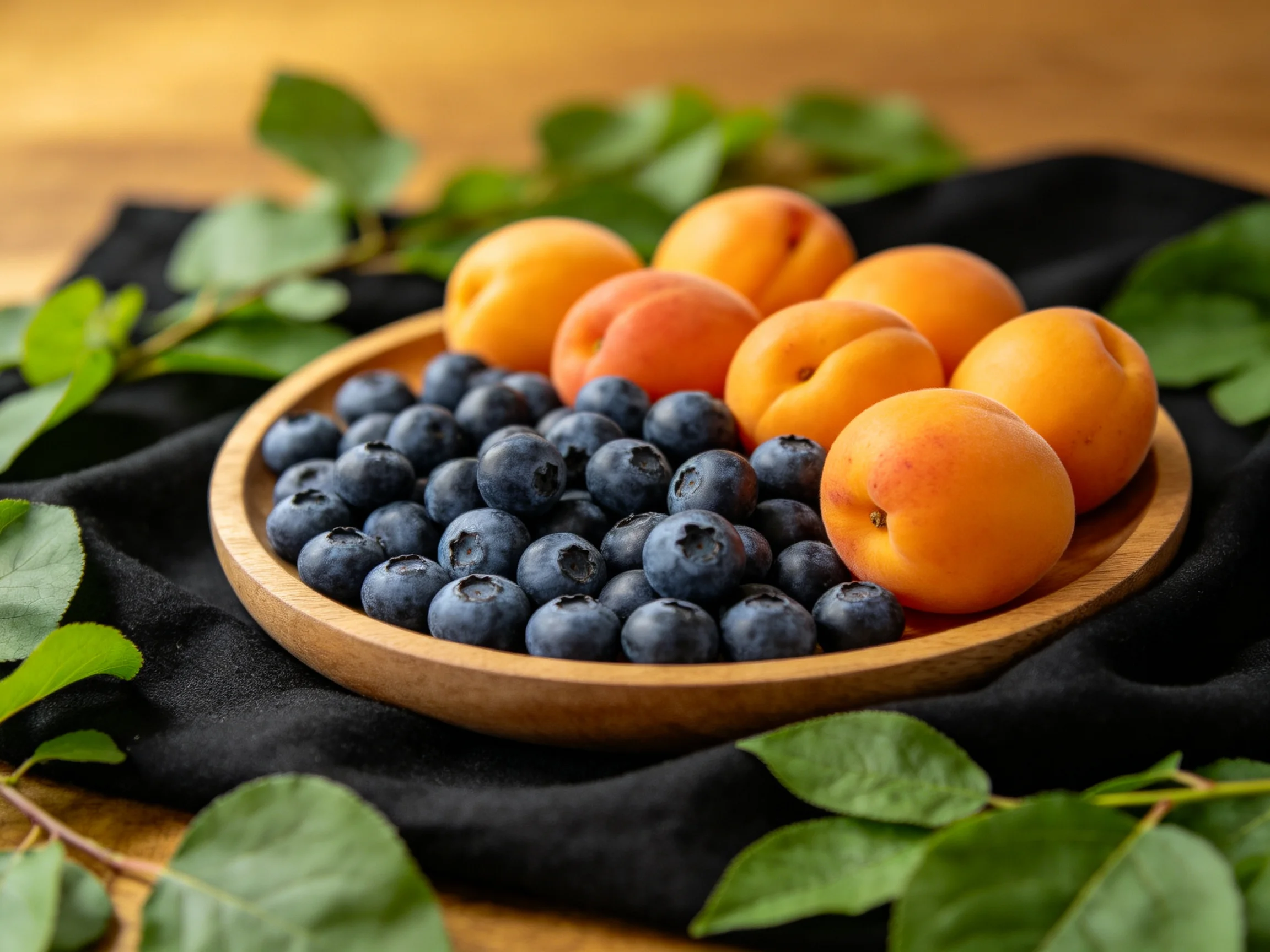 A wooden bowl displays orange apricots and blue blueberries on dark fabric with green leaves.