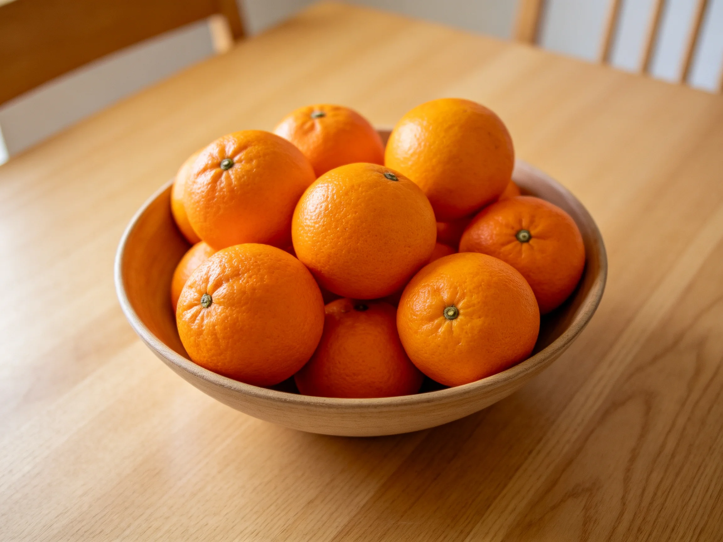 A wooden bowl filled with bright orange citrus fruits on a light wood table