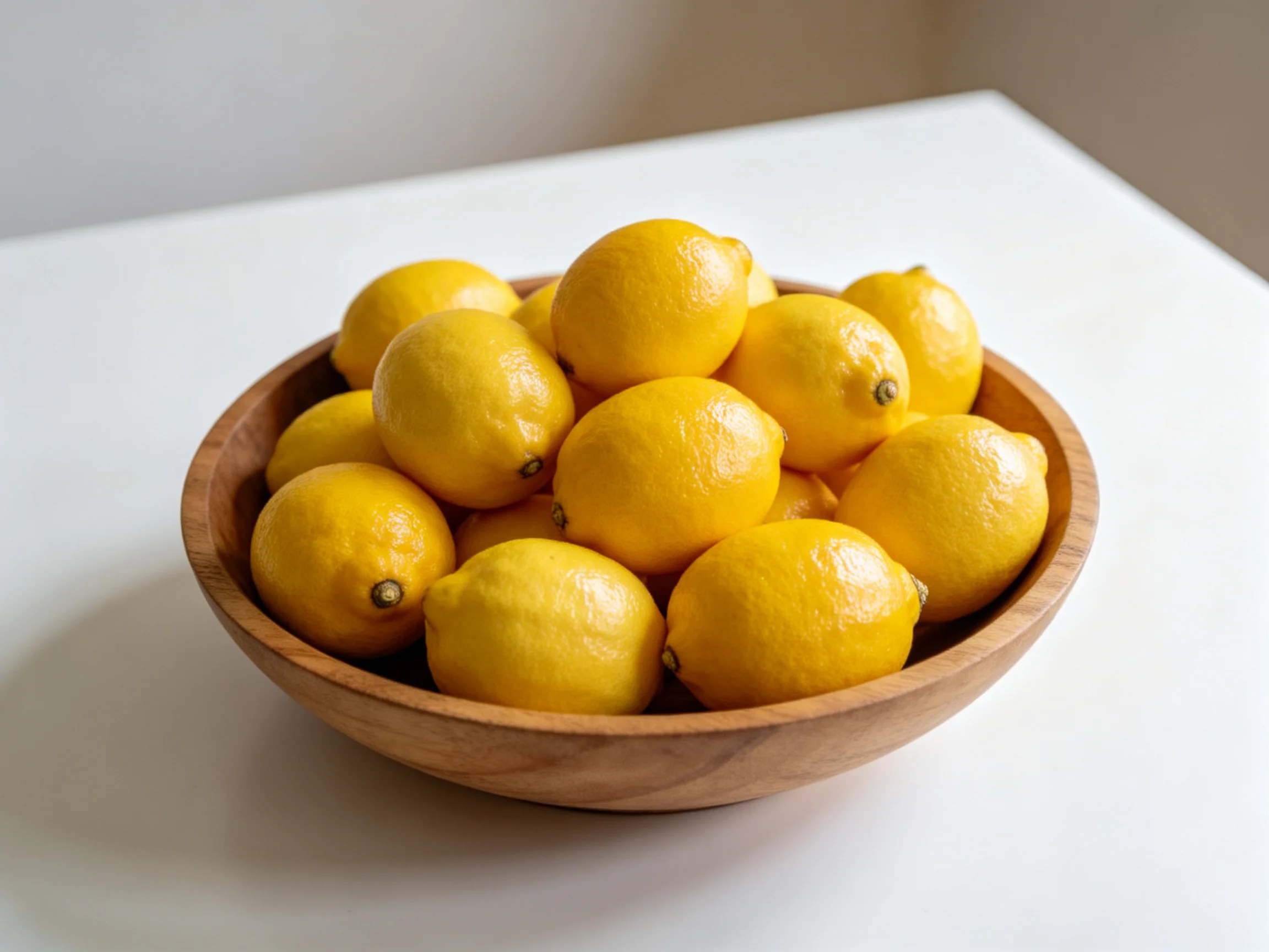 A wooden bowl filled with bright yellow lemons on a white surface
