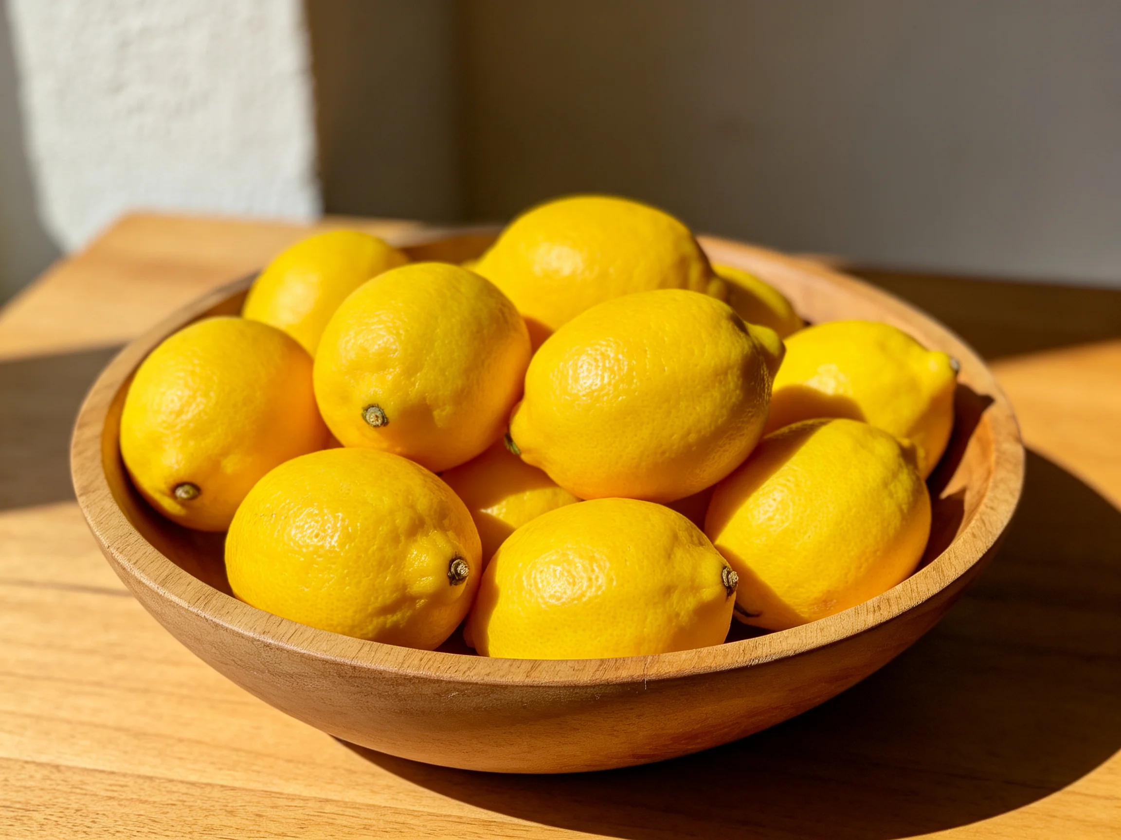 A wooden bowl filled with bright yellow lemons on a wooden surface