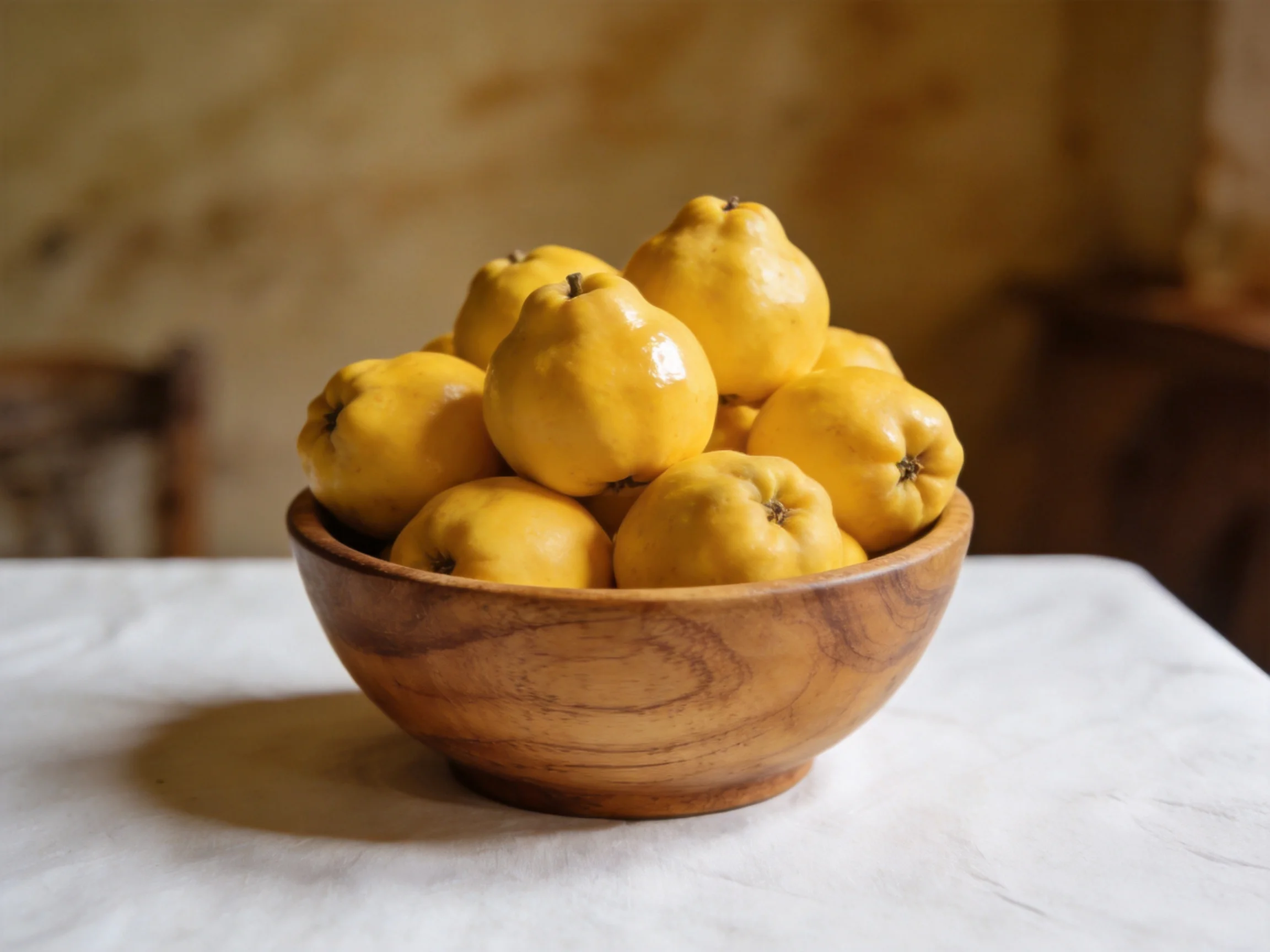 A wooden bowl filled with bright yellow quinces on a white table